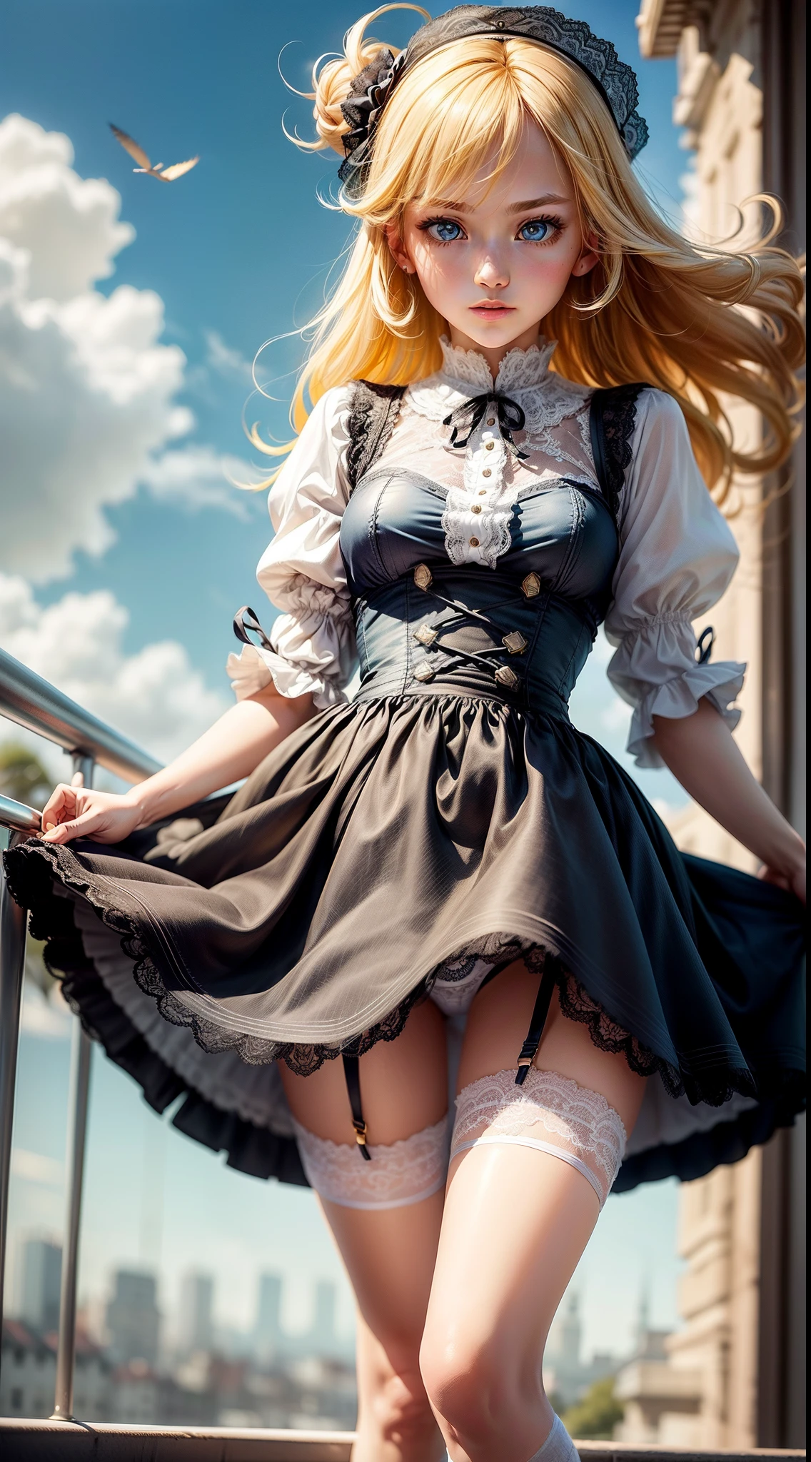 Princess, Yellow hair, 18 years old, Beautiful, erect through、Standing on Balcony、Innocent, Blue eyes, rococo dress、Neat and clean dress、long  skirt、Dress with little exposure of the upper body、embarassed expression、white overknee socks with garters、(Lace Knee Socks)、A solemn atmosphere、Very low angle、FULL BODYSHOT、(((Strong wind from under your feet)))、(My skirt is flying up in the wind.)、(((Skirt lifted by the wind:1.5)))、(())、(((Luxury lace panties))）、(((super delicate panties)))