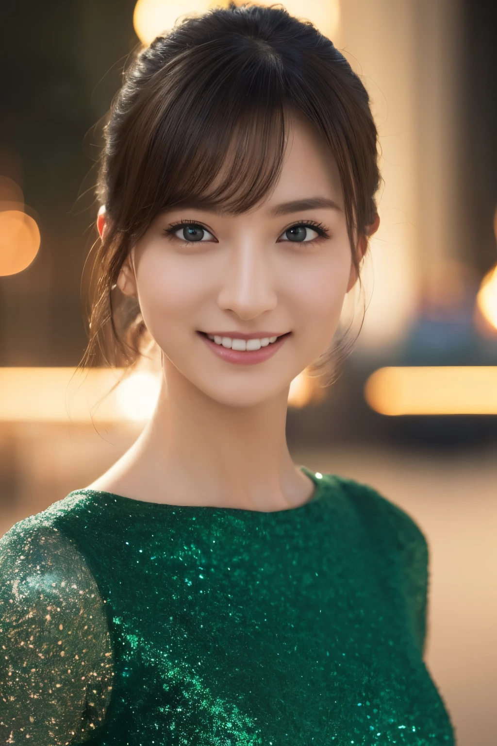 1girl in, (wearing a green glitter dress:1.2), (Raw photo, Best Quality), (Realistic, Photorealsitic:1.4), masutepiece, Extremely delicate and beautiful, Extremely detailed, 2k wallpaper, amazing, finely detail, the Extremely Detailed CG Unity 8K Wallpapers, Ultra-detailed, hight resolution, Soft light, Beautiful detailed girl, extremely detailed eye and face, beautiful detailed nose, Beautiful detailed eyes, Cinematic lighting, city light at night, Fantastic illumination, Perfect Anatomy, Slender body, Small, Smiling