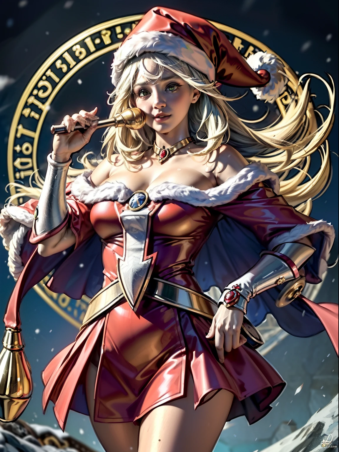((best quality)), ((masterpiece)), (detailed),High quality, Ultra detailed, best quality, insanely detailed, beautiful, masterpiece, Blonde hair, blue eyes, Caucasian, glamorous woman, wizard, Santa attire, mini skirt, heeled boots, red cape, fluffy cape,holly wand