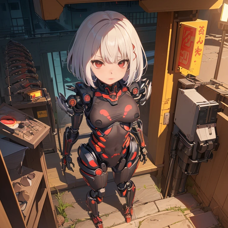 ((1 cyborg )),((different types of breasts, biomechanical breasts, biomechanical pussy)),giving a blowjob on a machine,((nipple fuck)),((urethral insertion)),standing with raised to the tall one, ((different types of short hair, red eyes)), a factory, at night,