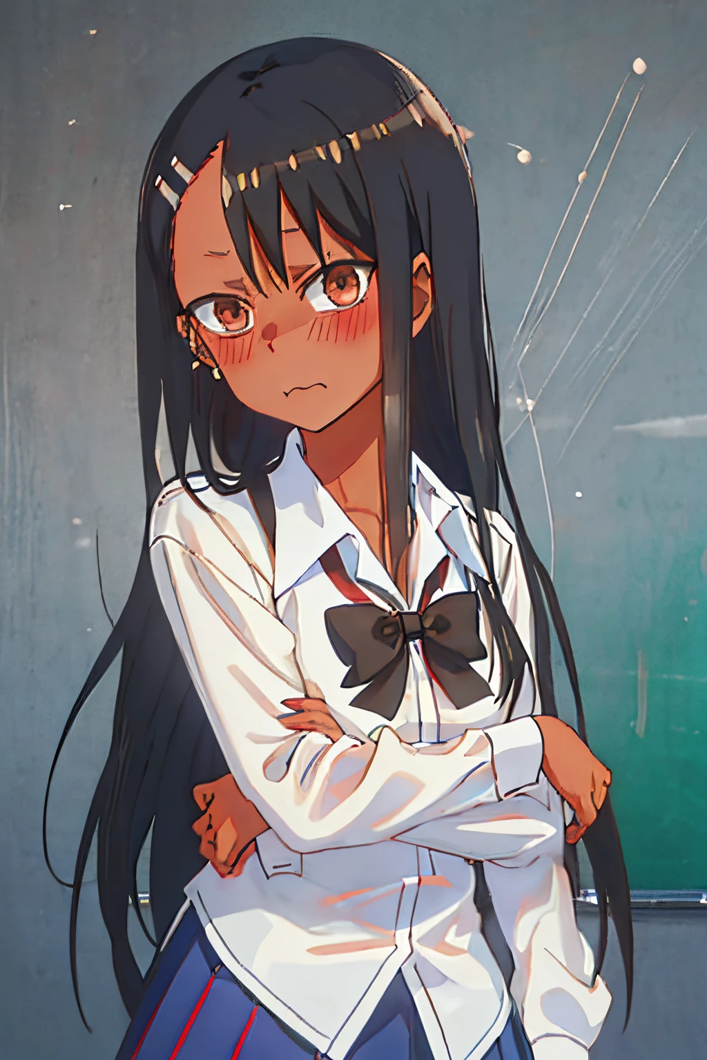 Best Quality, masutepiece, hight resolution, Solo, {nagatoro_rapids_donttoywithmemiss Nagatoro:1.15}, Black_hair, long_hair, Dark-skinned_Female, Dark_skin, brown_Eyes, hair clips, hair_ornament detached, blush, Bangs, Smile, 1girl in, chalk board, Portrait, School_uniform, Shirt, white_Shirt, Earclips, Sweaters, crass room, Closed_Mouth, Collared_Shirt, frown, Indoors, up looking_で_viewer, wide eyed