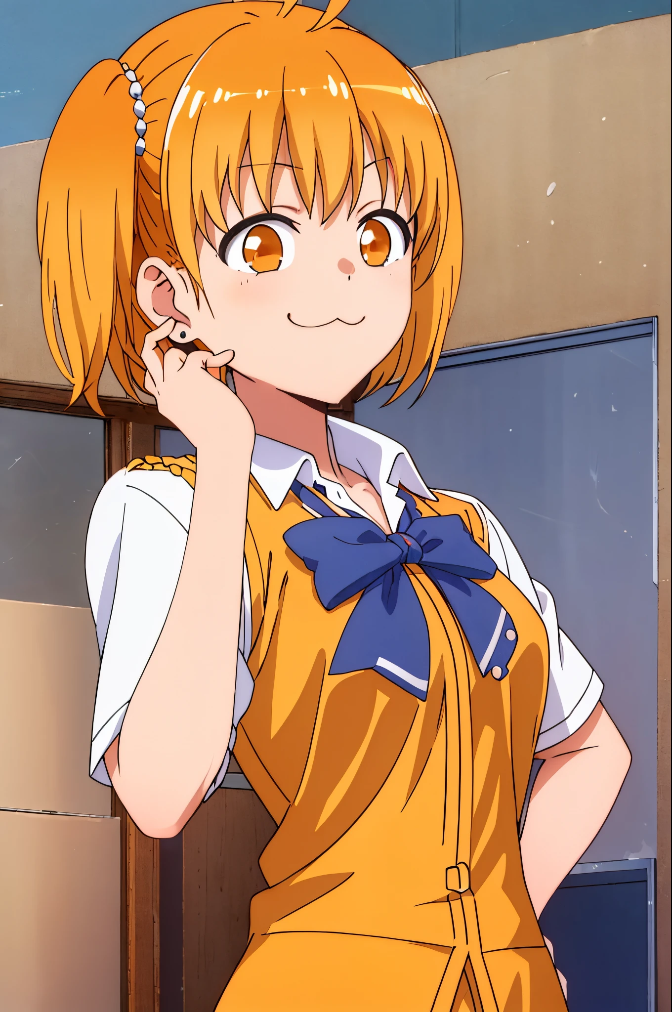 (exceptional, Best aesthetic, new, newest, Best Quality, masutepiece, Extremely detailed),Yoshi, 1girl in, :3, Jewelry, earrings, Solo, Ahoge, Blonde hair, Orange hair, Orange Eyes, Smile,((Perfect female body)), Cowboy Shot, smug, :3,School uniform, Closed mouth, Twin-tailed, hands behind back,