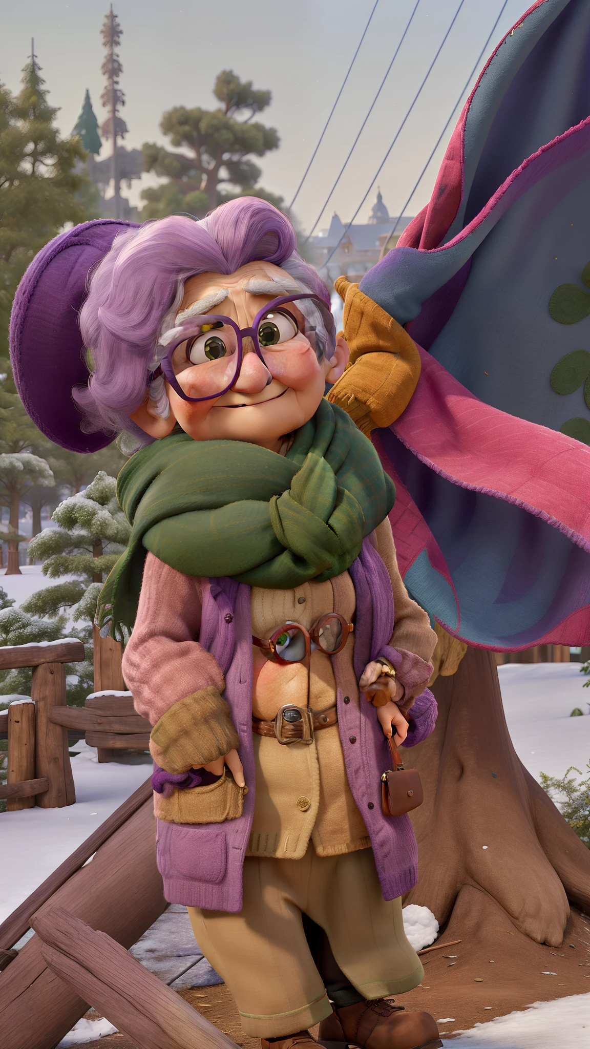 masterpiece, best quality, an old woman with glasses and a scarf on, wearing a purple coat and green scarf, standing at the park