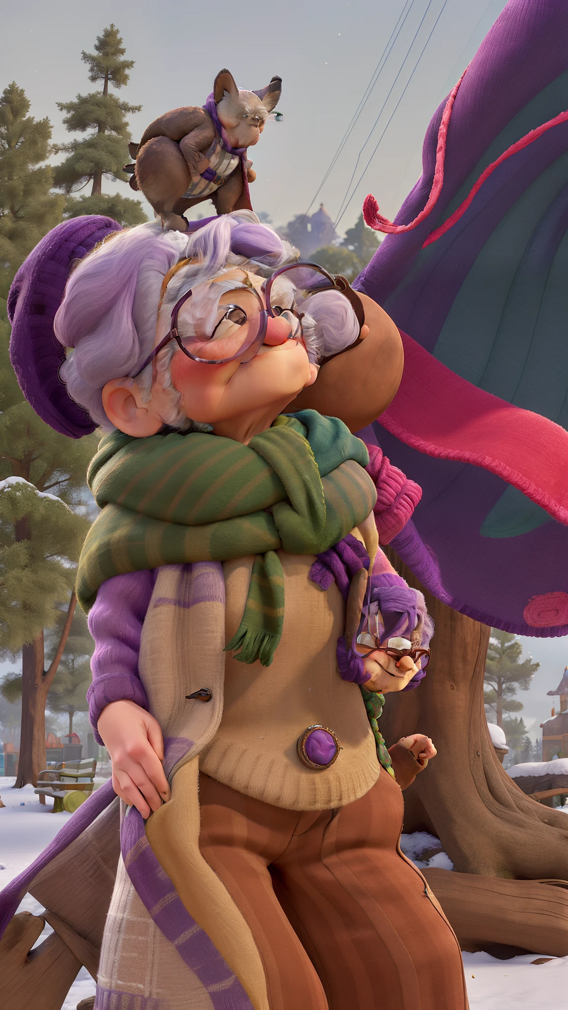 masterpiece, best quality, an old woman with glasses and a scarf on, wearing a purple coat and green scarf, standing at the park