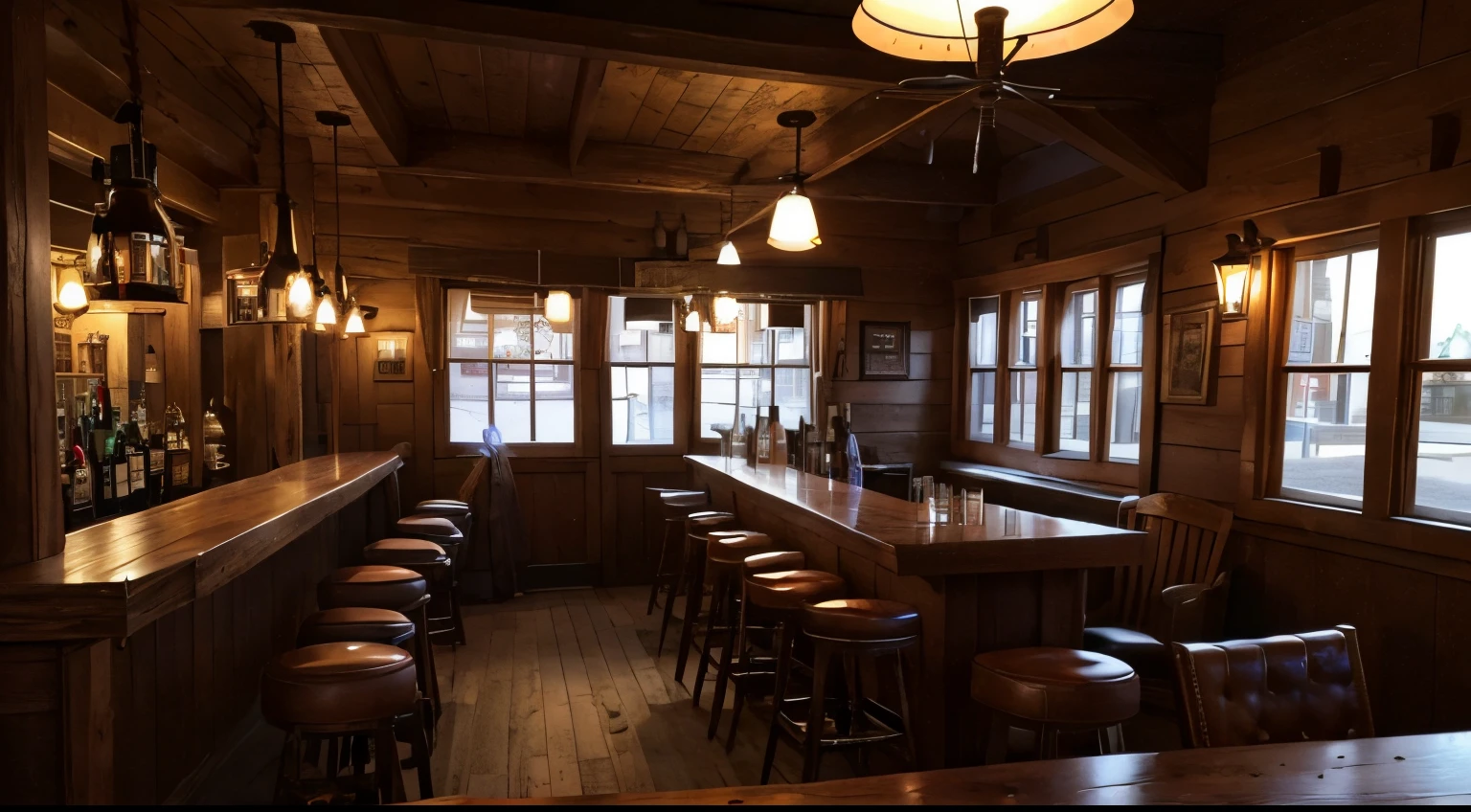 in this old-fashioned bar there is a pistol on the table against the background of the window, cowboy hat and glass of whiskey, Saturday evening at the salon, Western theme &quot;living room&quot;, The Old West, The Old West, living room, highly realistic concept art, In the Old West, inside a tavern, Inside the bar, by Krzysztof Boguszewski, Old West Town, pub