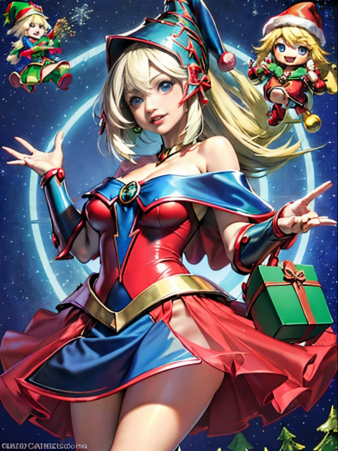 Dark magician gils con vestido rojo,((see through)), extremadamente detallado, rubio,(((Mini falda diminuta))), ((skirt lift)),(((tanga visible))),Sonriendo, ojos azules, realista, tacones rojos, (((Navidad))), escote, ((christmas tree, Regalos)), cabello rubio, Corazones de Magia.
