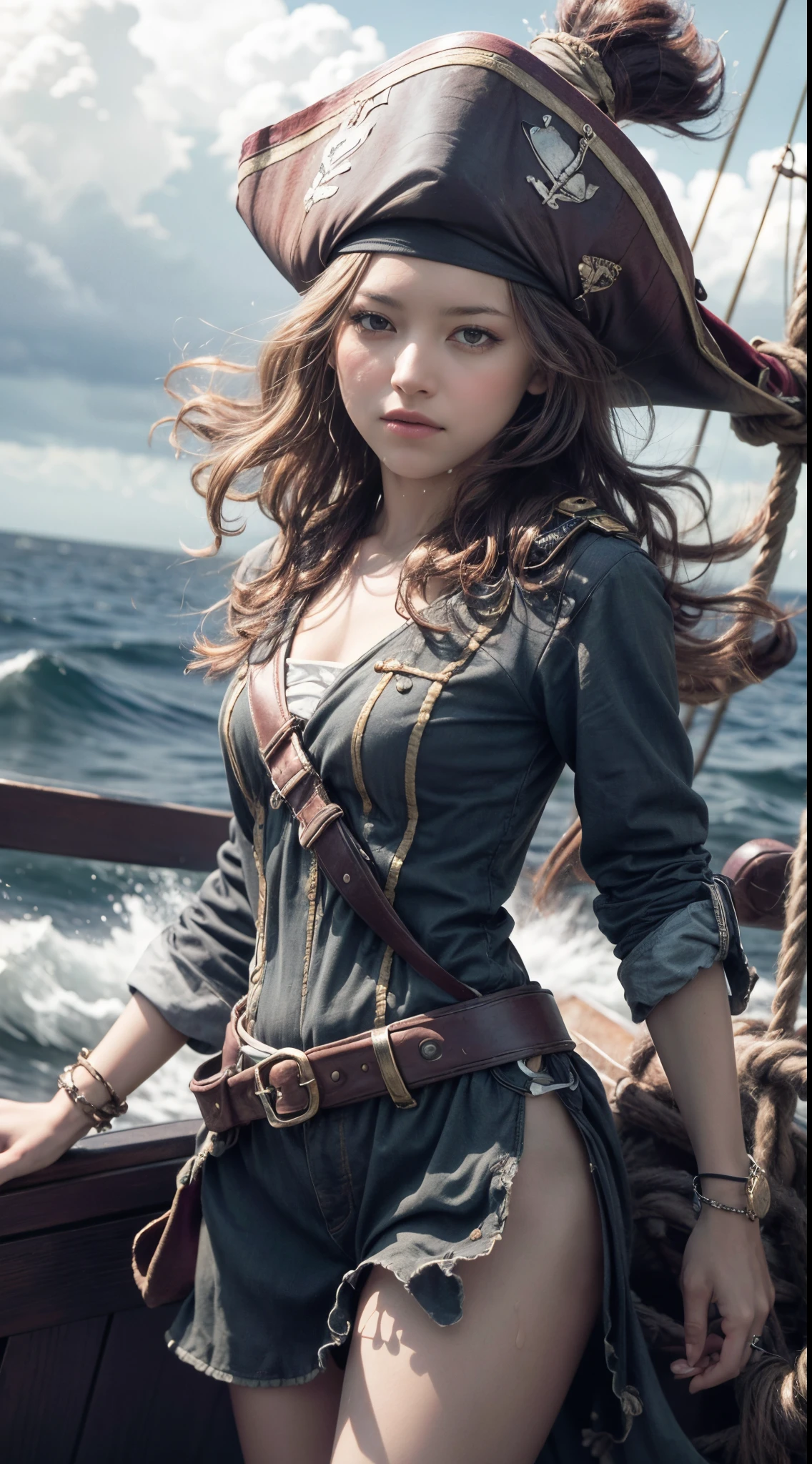 (masterpiece, best quality, award winning, highres), 1 beautiful female pirate, skinny, tall, pirate hat, intricate pirate clothes, intricate and beautiful design, highly detailed beautiful face, wavy hair, detailed flowing hair, standing at helm on pirate ship, pirate ship, storm, rain, rough sea, detailed background, water splash, extremely CG detail, ultra detail