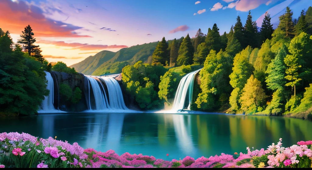 A close up of a waterfall with a forest in the background - SeaArt AI