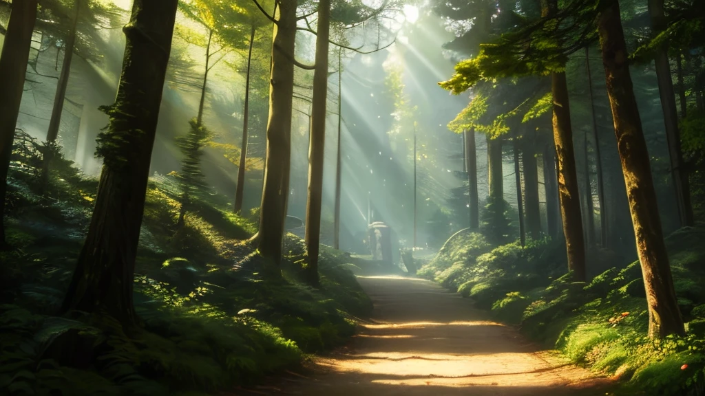 Sunlight shines through the trees in a forest with a path, A digital painting, inspiriert von Andreas Rocha, Gewinner des Artstation-Wettbewerbs, Fantasy-Kunst, Phantasie-Waldlandschaft, Glowing forest, Zauberwald, Magischer Fantasiewald, Fantasy-Waldhintergrund, Fantasy-Wald, Magischer Wald Hintergrund, fantasiewaldhintergrund, Zauberwald im Hintergrund, Fantasie-Waldlandschaft bei Tag, Verzauberter und magischer Wald