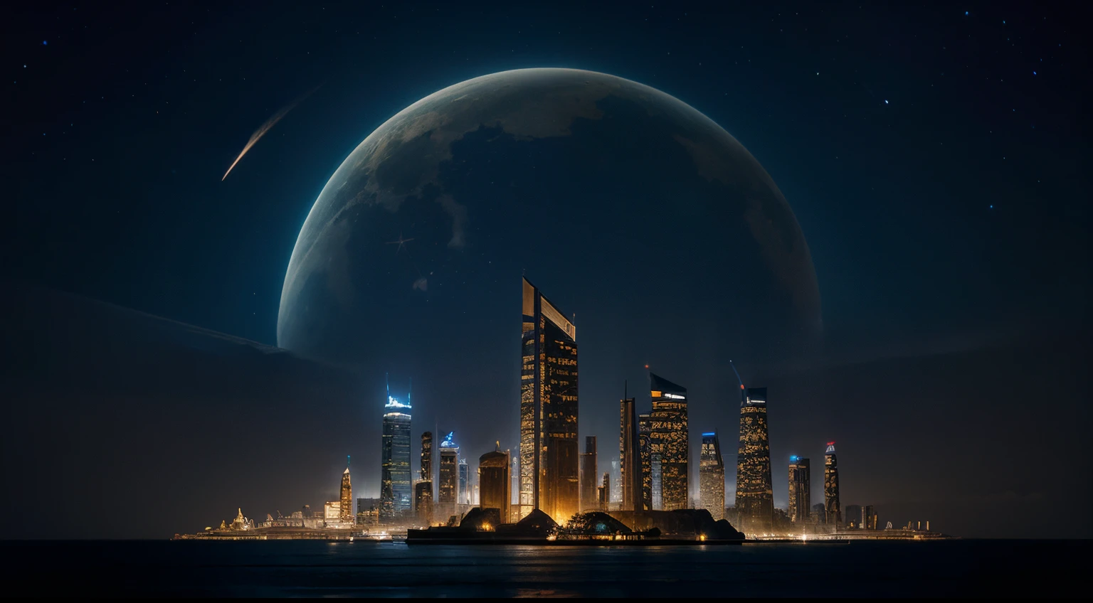 Fantasy steampunk style. A fantastic city located on an island in the middle of a beautiful blue ocean, tall skyscrapers in dark colors, evening begins, but it is still light, stars and planets are barely visible in the blue sky, photographic quality, high detail.