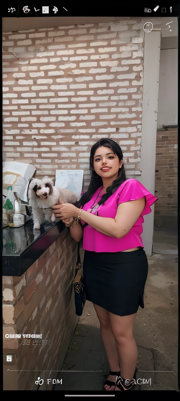 Mulher de cabelo longo,liso e preto, blusa rosa, black skirt wearing black sandals and with a white poodle in her hand
