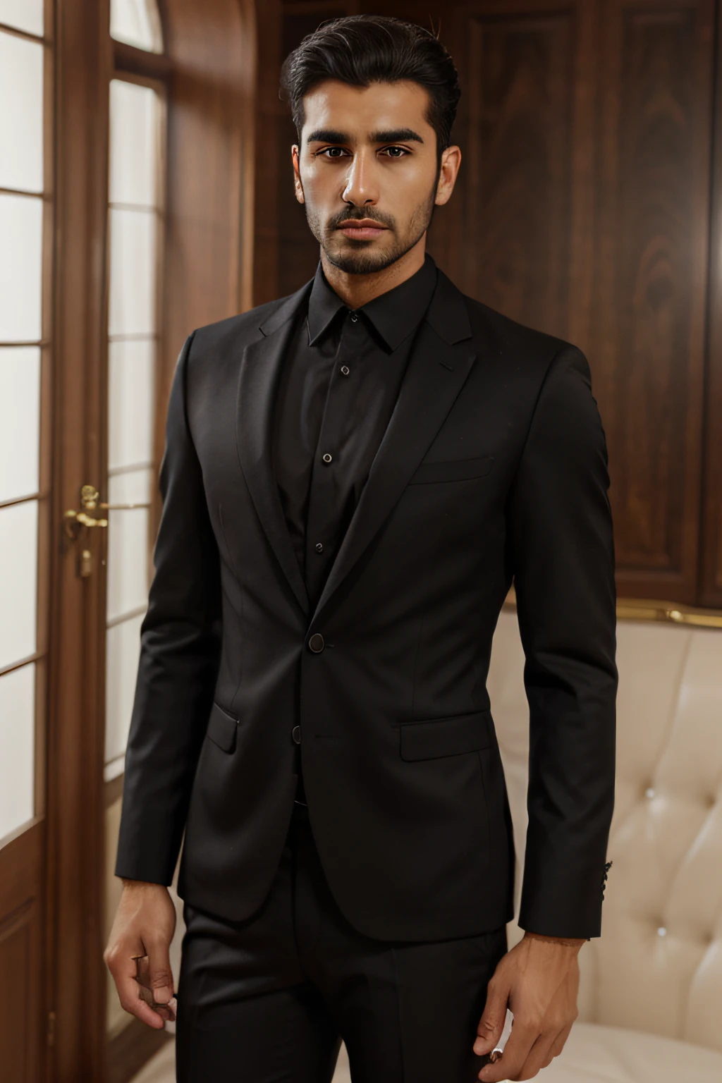 realistic Arabian man his body is thin wearing a black suit whit short hair in head