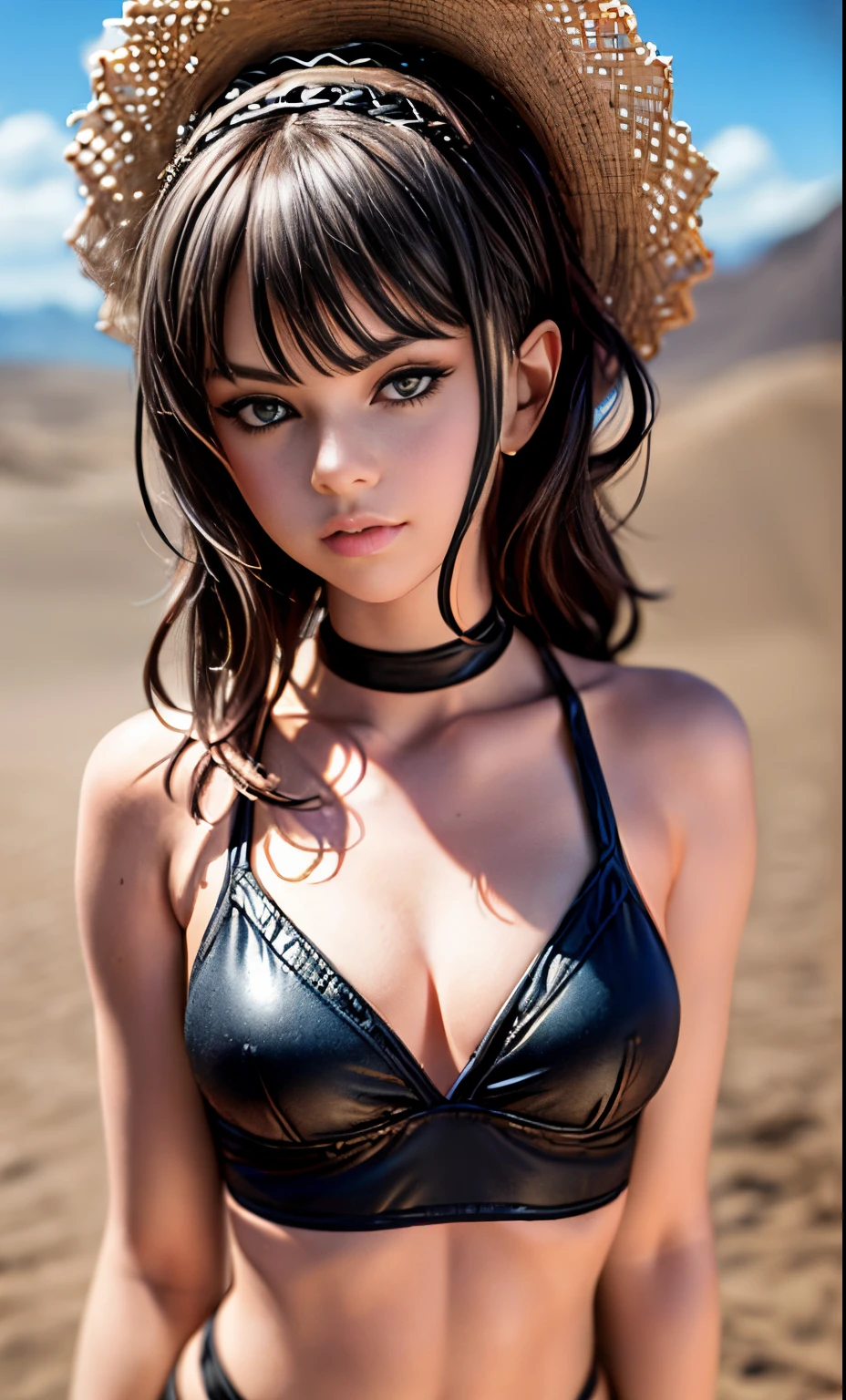 (8k, 4k, best quality, highres, ultra high res:1.1), (masterpiece, realistic, photo-realistic:1.1), ((Selena Gomez)) arafed woman in a black bikini standing in a desert, kailee mandel, in a desert, standing next to desert oasis, soft devil queen madison beer, she is wearing a black tank top, madison beer, in the desert, black bikini, brown hair and a perfect body, dua lipa, emily ratajkowski, in desert, sexy girl ((small)), (cleavage), (narrow waist )  (looking at viewer:2), eyeshadow,  small face, big eyes,bare shoulders, high contrast,ultra-high-definition, outstanding details, 8K, Blush face, attractive collarbone, sexy shoulders, blushing cheeks, nikon z9, 30mm lens, sharp focused face, f/4, iso 200, shutter 1/250, beauty light, medium shot, raw ,intricately detailed, award winning photograph, good contrast, high sharpness, facial symmetry, bokeh, ultra-detailed