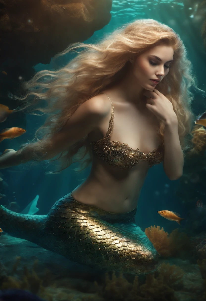 (professional photo:1.3) Fujifilm X-T3, 35mm lens ((Mermaid swims all over)) (Realistic:1.3) most beautiful artwork photo in the world，(((Blond hair))), (( Brown eyes)), brunette, Caucasians, ((long mermaid tail)), (((Detailed mermaid fins))), full body, sport, Features: Soft and shiny, ((Epic mermaid fantasy very long hair in dynamic pose, flying hair, Full tail, Fantastic location, Majestic cluttered environment)), full body, topless, 8k unity render, action shot, skin pore, heavyshading, Detailed, Detailed face, (vibrant, photograph realistic, Realistic, Dramatic, Dark, Sharp focus, 8K), (fish scales:1.4), ((((Mermaid tail)))), (Intricate:1.4), decadent, (Highly detailed:1.4), Digital painting, rendering by octane, art stations, concept-art, smooth, Sharp focus, illustration, Art germ, (loish:0.23), (Global illumination, Studio light, volumettic light), Underwater, Ocean, lotr, fantasy, mermaid, ((Sea background:1.3)),CGSesociety,art stations, surrounded by colorful robot fishes, swiming fish robots