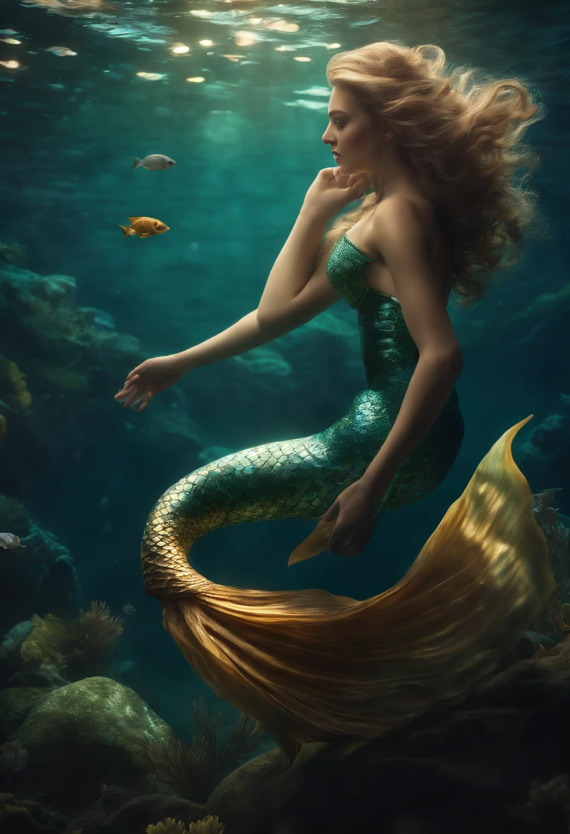 (professional 3d render:1.3) ((Mermaid swimming all body)) (Realistic:1.3) most beautiful artwork photo in the world,(((Brown hair))), (( Brown eyes)), brunette, Caucasians, ((long mermaid tail)), (((Detailed mermaid fins))), full bodyesbian, sport, Features: soft and shiny, ((Epic mermaid fantasy long hair in dynamic pose,Full tail, Fantastic location, Majestic cluttered environment)), Full body 8K unified rendering, action shot, skin pore, heavyshading, Detailed, Detailed face, (vibrant, photograph realistic, Realistic, Dramatic, Dark, Sharp focus, 8K), (fish scales:1.4), ((((Mermaid tail)))), (Intricate:1.4), decadent, (Highly detailed:1.4), Digital painting, rendering by octane, art stations, concept-art, smooth, Sharp focus, illustration, Art germ, (loish:0.23), (Global illumination, Studio light, volumettic light), Underwater, Ocean, lotr, fantasy, mermaid, ((Sea backgroun:1.3)),CGSesociety,art stations