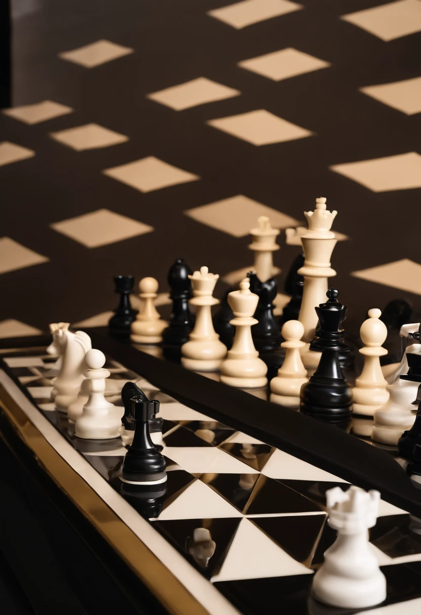 A photo of a sleek and modern chess set,original,Anna Wintour, the influential editor-in-chief of Vogue magazine, is renowned for her distinctive and polished appearance. She is often seen with a sharp, sleek bob haircut and oversized dark sunglasses, which have become her trademark look. Her fashion style is impeccable and sophisticated, usually featuring designer outfits that are both elegant and assertive.