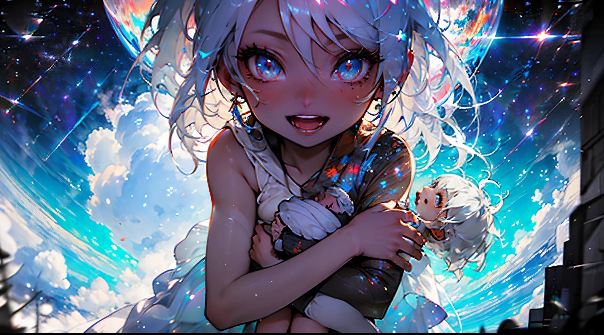 best qualtiy, High resolution, Description 8 km CG, masterpiece, Awesome art, finely detail, high level of detail, intricate-detail, , long white hair, Handsome Girl,full-length, Big watery eyes with stars in them, pure lust, Evil face, Young and Beautiful, immortal,splatters ,,light and shadows, optic,Beautiful clothes, (((cloud white hair, very long cloudy hair, small breasts, panties,(close up) of breasts,(floating cloud babies),((babyarms))))), little gmall, micro, cloudium, clouds, cloud seeds, cloudium seeds, cloud bush, simple, cute, smily face, white circle happy, silly, adorable, farm, candy, sugar, cotton candy, white cloud hair, cloud hair, white hair, simple white eyes, navel, thighs, white panties, holding cotton candy, blasting cotton candy, explosion, nebula, white magic stars, cum, space, galaxy