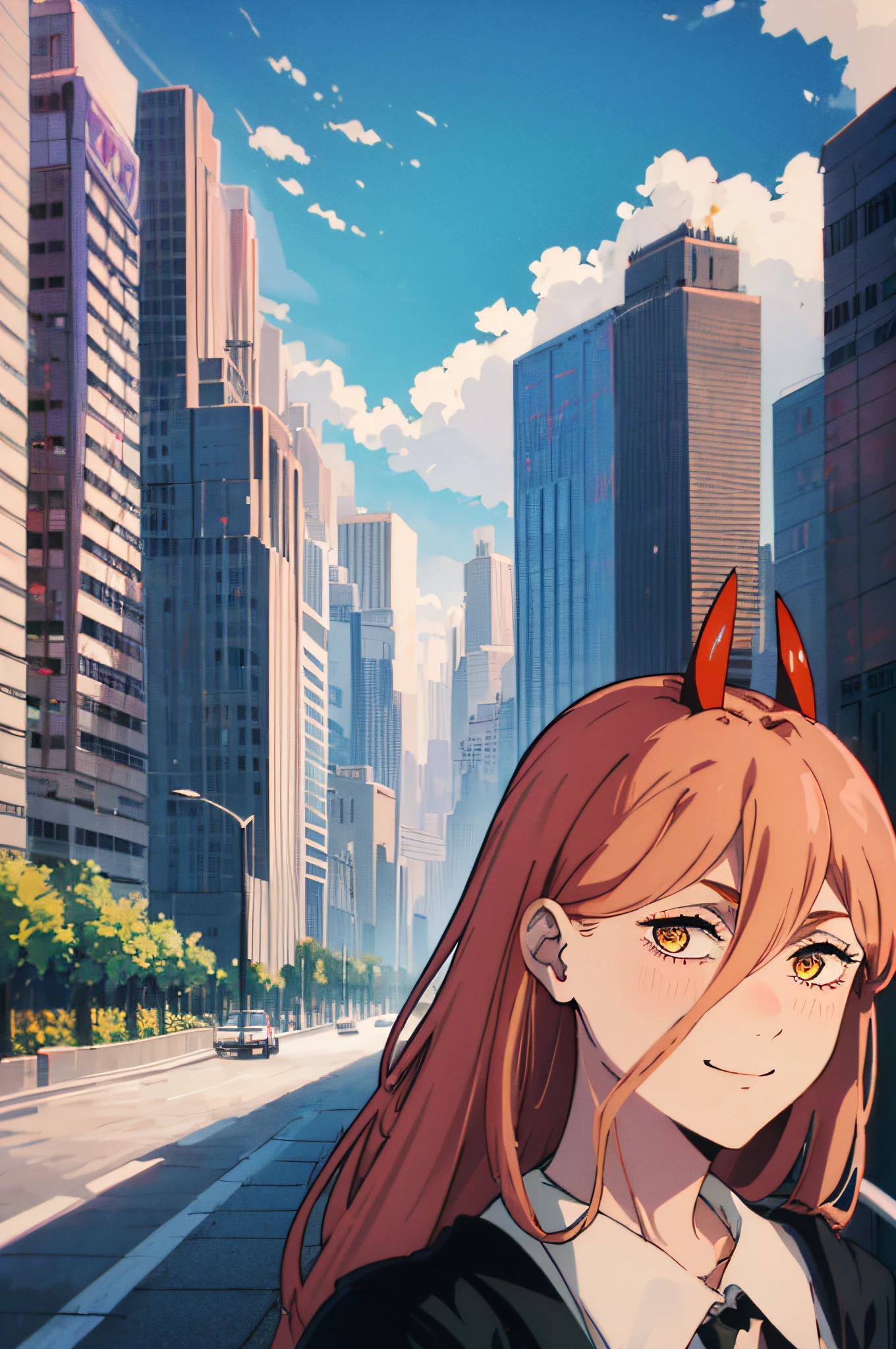 top-quality、Power, Female one、red blush、evil expression、Viewer's Perspective、A smile, blue-sky、flower petalscolourfull、Dynamic, City background lined with skyscrapers