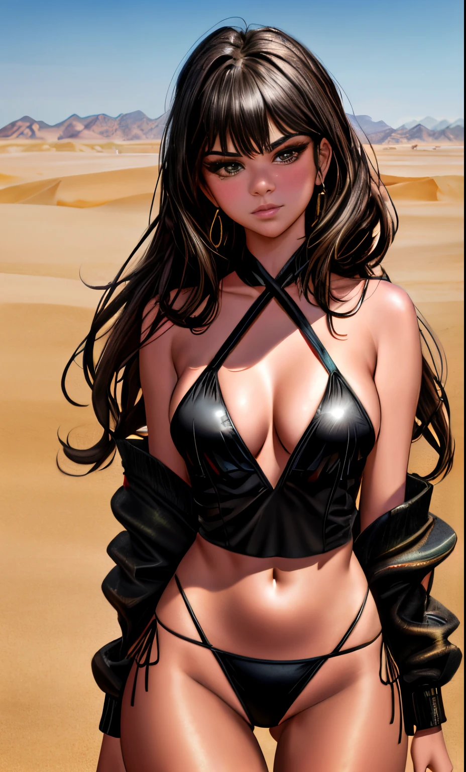 (8k, 4k, best quality, highres, ultra high res:1.1), (masterpiece, realistic, photo-realistic:1.1), ((Selena Gomez)) arafed woman in a black bikini standing in a desert, kailee mandel, in a desert, standing next to desert oasis, soft devil queen madison beer, she is wearing a black tank top, madison beer, in the desert, black bikini, brown hair and a perfect body, dua lipa, emily ratajkowski, in desert, sexy girl ((small)), (cleavage), (narrow waist ) (looking at viewer:2), eyeshadow, small face, big eyes,bare shoulders, high contrast,ultra-high-definition, outstanding details, 8K, Blush face, attractive collarbone, sexy shoulders, blushing cheeks, nikon z9, 30mm lens, sharp focused face, f/4, iso 200, shutter 1/250, beauty light, medium shot, raw ,intricately detailed, award winning photograph, good contrast, high sharpness, facial symmetry, bokeh, ultra-detailed