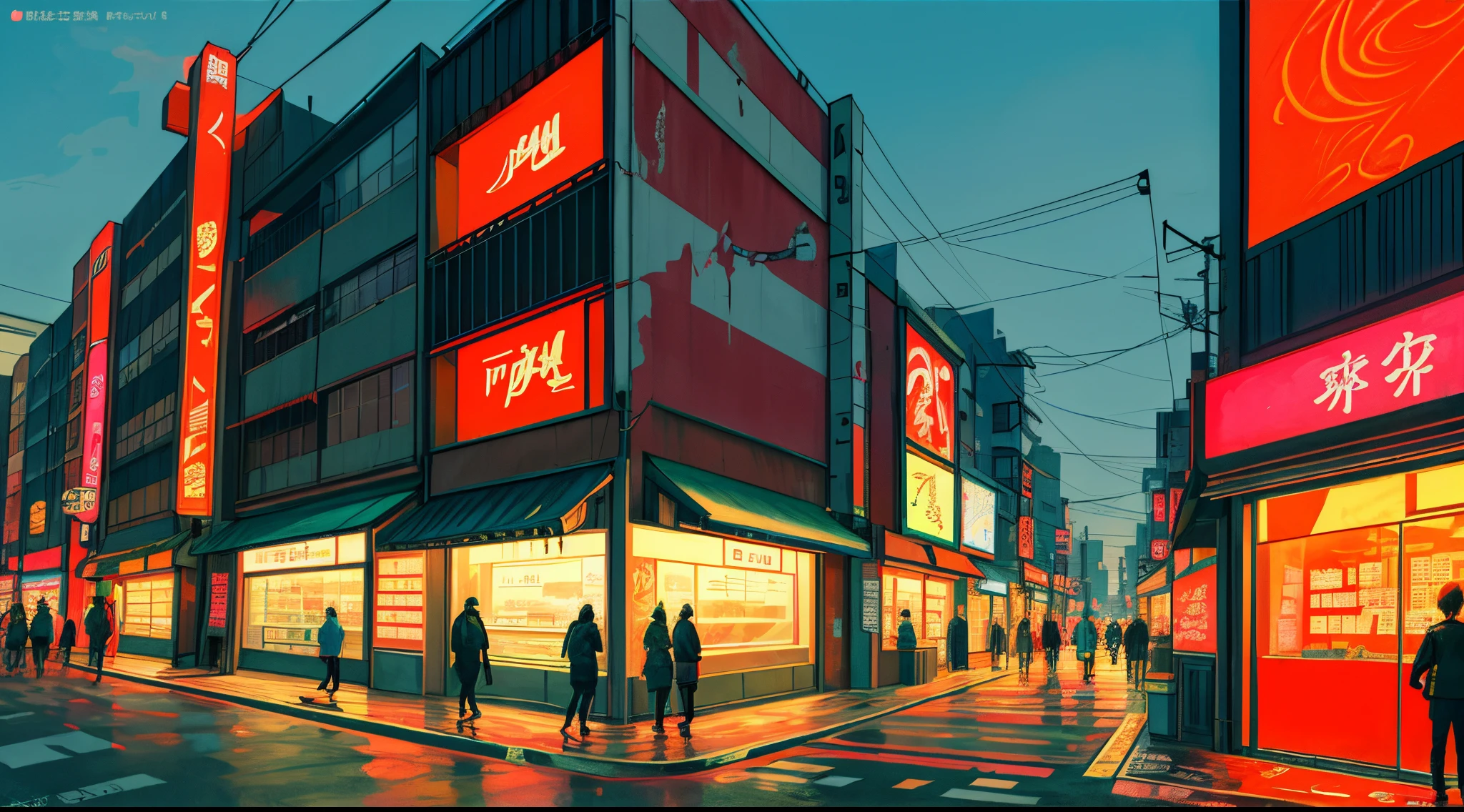 Map of modern japanese city，Presented in the form of illustration art，Neon Signs, Advertisements in front of some of the stores, There is graffiti on some of the buildings, The whole picture is dominated by warm colors，It shows a empty city atmosphere。