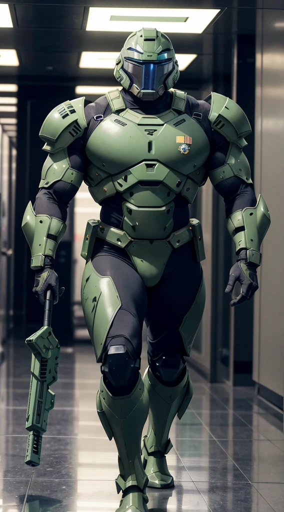 A 21 year old muscular man wearing green doomguy marine armor and DOOM helmet with big pecs holding a gigantic futuristic rifle walking down the corridor of the futuristic space station