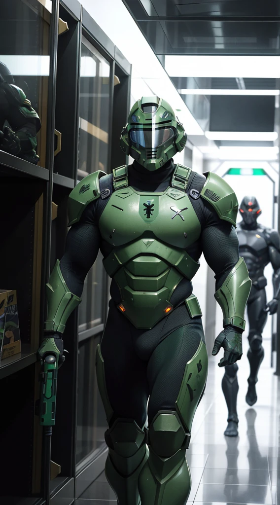 A 21 year old muscular man wearing green doomguy marine armor and DOOM helmet with big pecs holding a gigantic futuristic rifle walking down the corridor of the futuristic space station