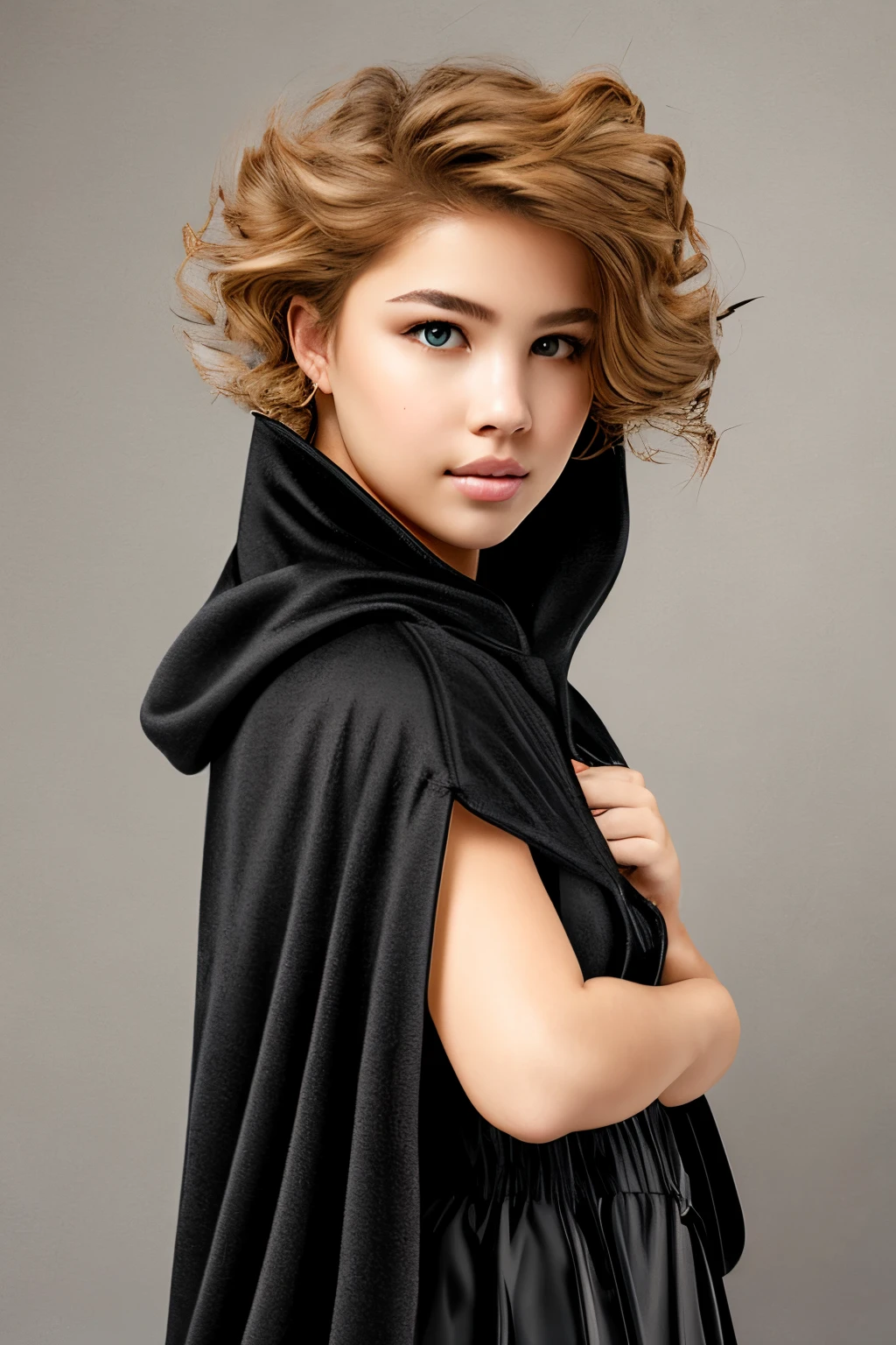 Short blondie haired girl
Heterochromia
Hyperrealistic
Black cloak
Black Cape