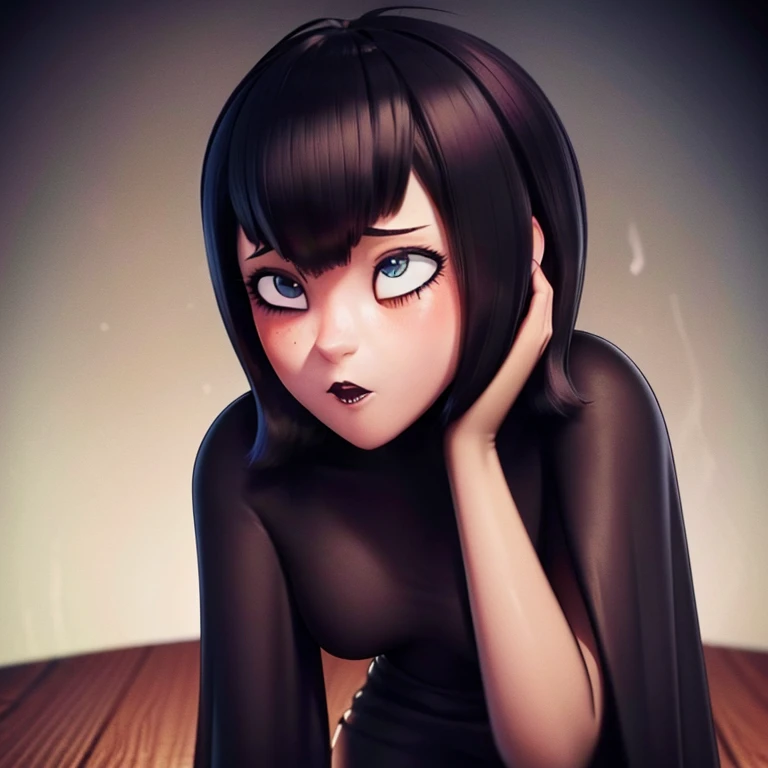 Mevis, 1 girl, black hair, focus only, black eyes, makeup, runny makeup, lipstick, black lips, (black magic:1.2), (Left:1.2), Gothic vampire, (intricate details), (hyperdetailed), 8K HDR, high detail, Lots of detail, high quality, (Colorization), naked, , spread legs, ahegao, blushing