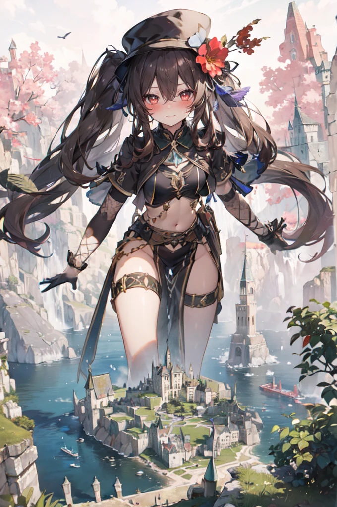 10k, fantasy, (giantess:1.2), hills
a giantess catgirl, :3, pink hair, pink eyes, huge breasts, all fours, cleavage, black gloves,
a tiny fantasy village from above, rivers, hills, trees, fortress