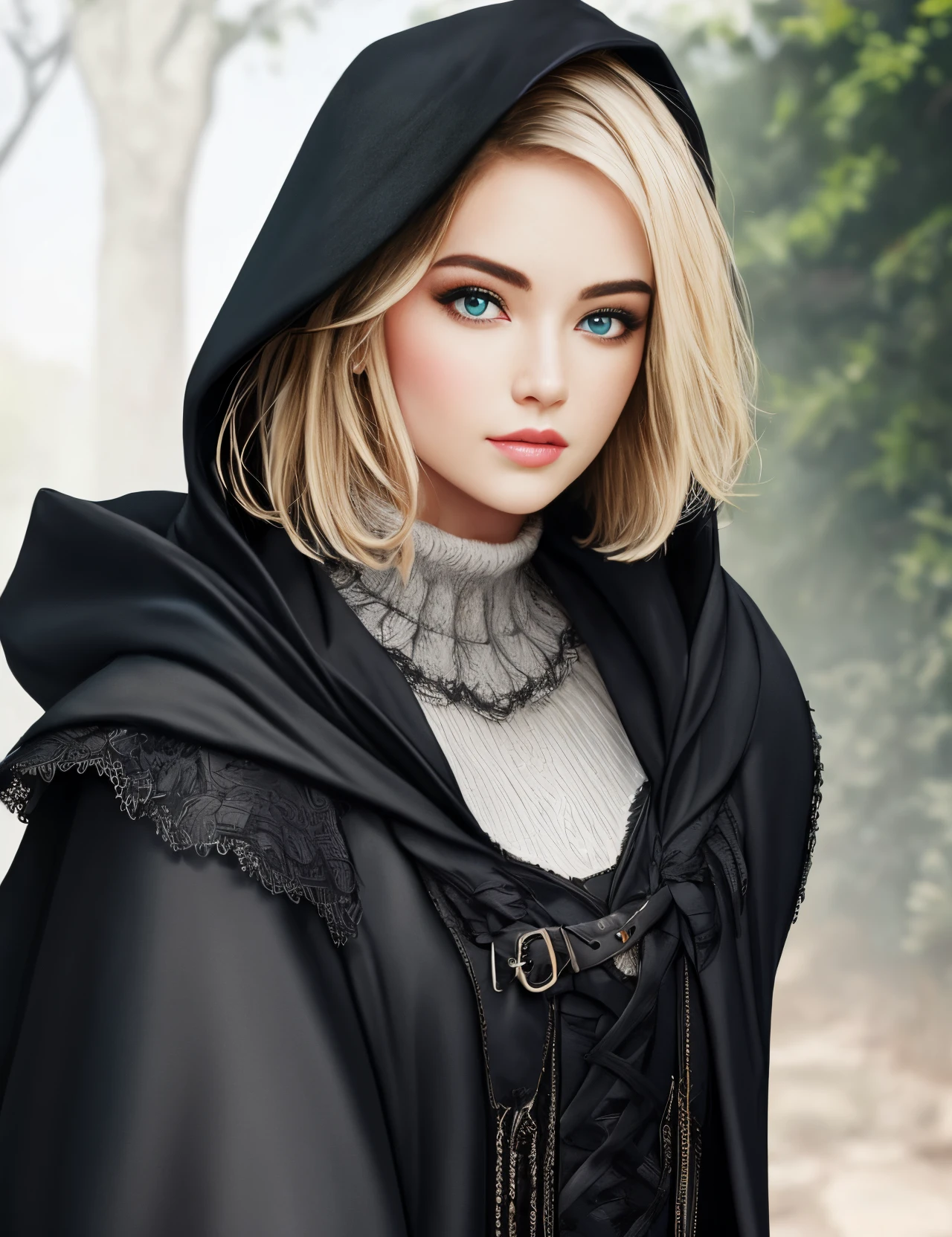 Short blonde hair
Hyper realistic 
Black cloak
Heterochromia