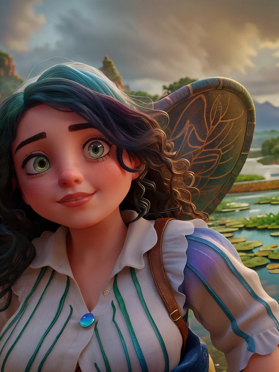 voluptuous girl with textured hair in a stunning realistic scene of a vast mystical landscape with colorful iridescent ponds and other mystical architecture mixed with mist clouds