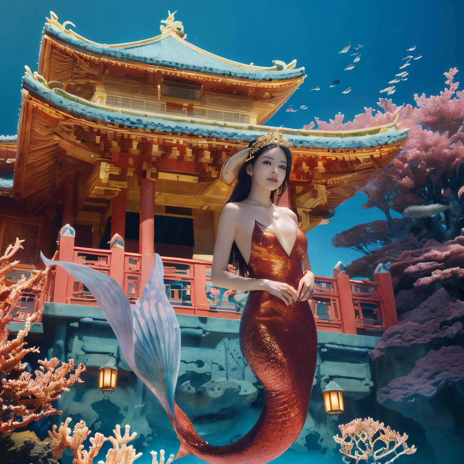 S((top-quality、masutepiece、8K、Top image quality、Highly complex and detailed depictions、super-fine、1 photo、The main character is a human、You can see the castle in the background.))、((Little Mermaid、Let'Let'Take a photo from close to the princess、her face is detailed and clear、her close up photo、mermaid princess swimming in the sea、Please take a photo of the mermaid princess'The upper part of the body、huge top quality tiara、huge top quality necklace、The most complex and detailed scale、Mermaid scales、Mermaid tail、perfect and accurate mermaid princess、The background is a castle in the deep sea、she swims in the sea、There are many beautiful fish swimming around the castle........、Lots of beautiful coral and fish、shining water surface、sunlight shines through the water surface)、((Japanese castle underwater in the background、Incredibly gorgeous underwater castle in the background、With a huge underwater castle in the background、With the most luxurious and huge underwater castle in the background、Beautiful Niwa lacquered giant castle、With the exterior of Niwa-nuri Castle in the background、luxury tile roof、Gold decoration of Niwa-nuri Castle、Luxurious Japanese castle with red and gold background、Castle glowing red in the background、Red lighting、The most glittering and complex castle、castle built at the bottom of the sea)))、(View me、Biggest smile、The happiest smile、Look at viewers、photo of her upper body、Perfectly depict detailed and complex underwater scenes、Detailed depictions of many beautiful sea creatures)