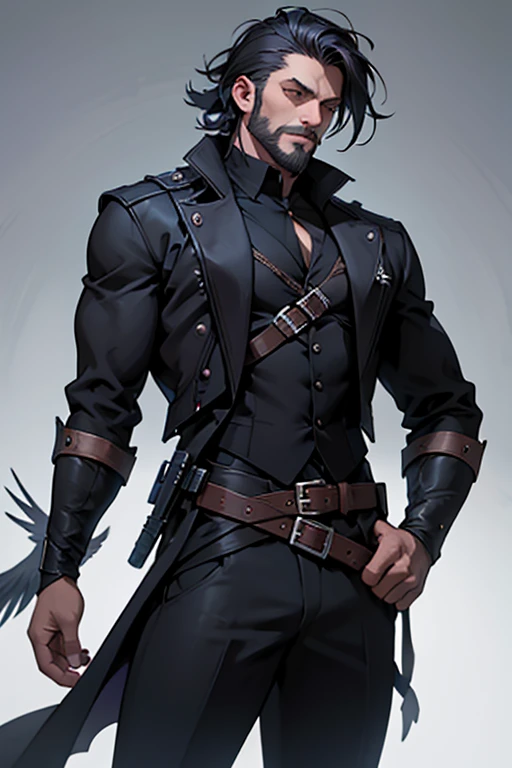 raven, Black Crow, humanoid, knave, frontal view, stands, victorian Hunter clothes, Killer's clothes, Crow's Face, Killer Crow, Medieval Assassin Clothes, kenku, Completely Crow, Killer's clothes, knave , Assassin, Assassin's Clothes,Beard, Hansome man, casting spell, telekinesis, many crows on background