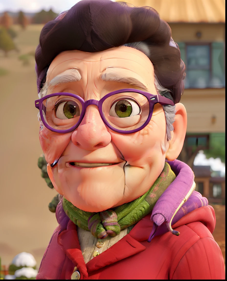 An elderly woman wearing glasses and a scarf, standing in the park, wearing a purple coat and a green scarf, (best quality, ultra-detailed, realistic:1.37) oil painting