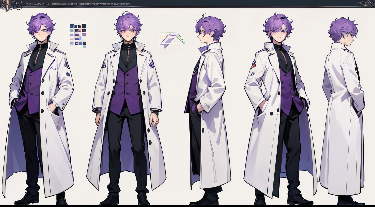 (Masterpiece, best quality) detailed, character sheet, many items (+a guy full body,with short curly hair,Wears goggles,Wearing a white coat,Thinking expressions,Frontal display), + pastel purple hair color, and eyes, a young man wearing comfortable clothes.