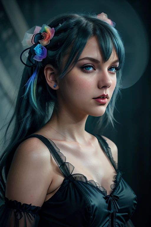 (1girl),gothic,twintails,white hair, organza lace,Gorgeous and fussy clothes,gothic, flying, blue, (colorful), bold strokes, gradient blends, motion blur, shimmering textures, dynamic composition, atmospheric perspective, impressionistic, , (masterpiece), (best quality), Amazing, (beautiful detailed eyes), (finely detail), Depth of field, extremely detailed CG, original, extremely detailed wallpaper, (vivid colors), cinematic lighting,  (colorful), blush, taylor swift