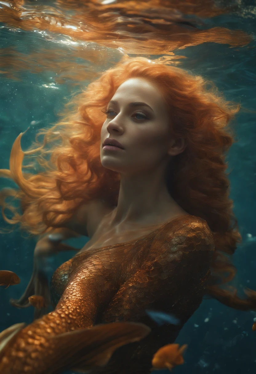 (professional photo:1.3) Fujifilm X-T3, 35mm lens ((Mermaid swims all over)) (Realistic:1.3) most beautiful artwork photo in the world，(((Blond hair))), (( Brown eyes)), brunette, Caucasians, ((long mermaid tail)), (((Detailed mermaid fins))), full body, sport, Features: Soft and shiny, ((Epic mermaid fantasy very long hair in dynamic pose, flying hair, Full tail, Fantastic location, Majestic cluttered environment)), full body, topless, 8k unity render, action shot, skin pore, heavyshading, Detailed, Detailed face, (vibrant, photograph realistic, Realistic, Dramatic, Dark, Sharp focus, 8K), (fish scales:1.4), ((((Mermaid tail)))), (Intricate:1.4), decadent, (Highly detailed:1.4), Digital painting, rendering by octane, art stations, concept-art, smooth, Sharp focus, illustration, Art germ, (loish:0.23), (Global illumination, Studio light, volumettic light), Underwater, Ocean, lotr, fantasy, mermaid, ((Sea background:1.3)),CGSesociety,art stations, surrounded by colorful robot fishes, swiming fish robots, light rays from the surface