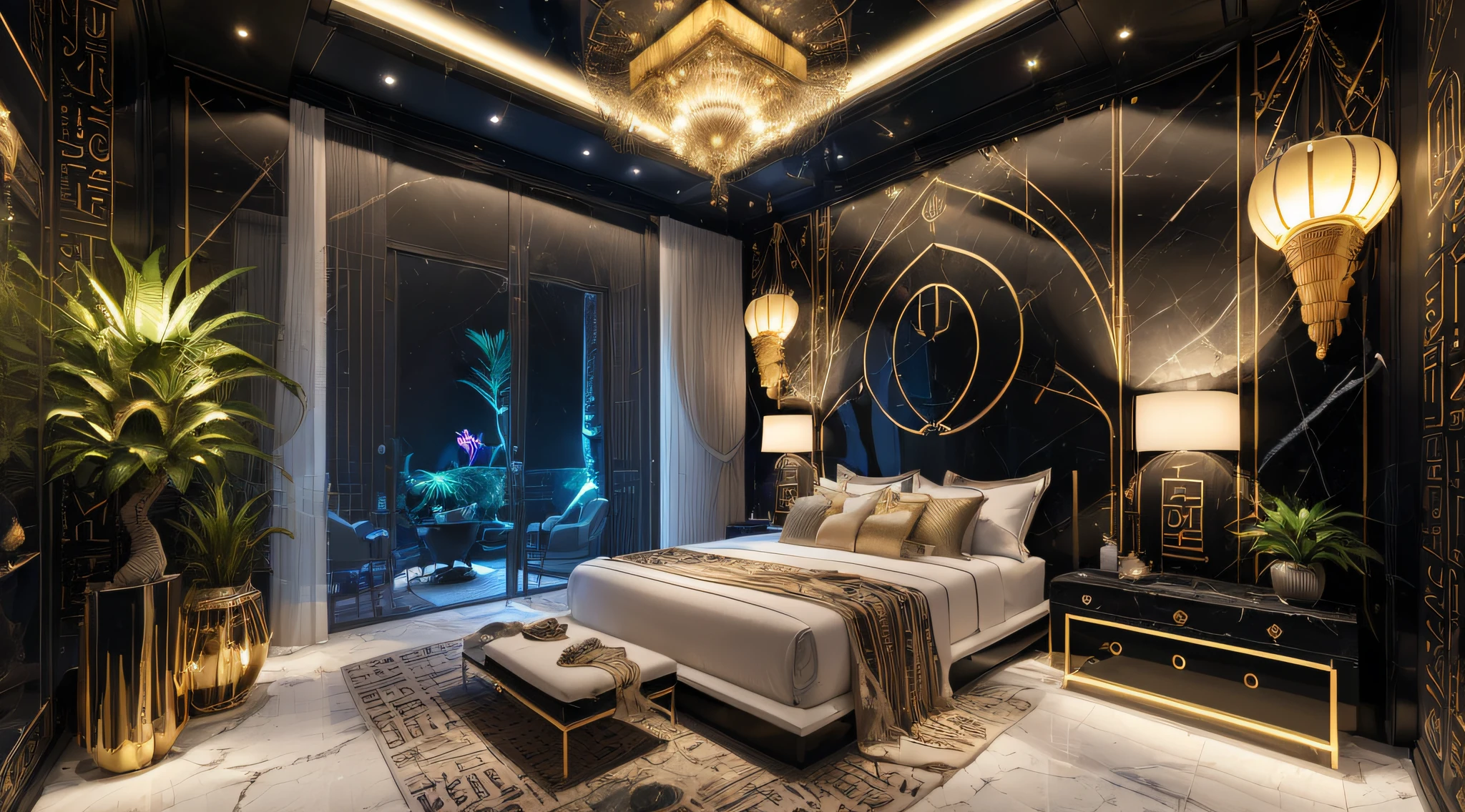amazing luxurious futuristic bedroom interior in ancient egyptian style decoration with many (((Plantas exuberantes))), ((flores bonitas)), (lotus flowers), ((Palmeiras)), paredes rochosas, ((areia)), ((waterfalls)) (marble), ((minerais preciosos)), ((metal)), (Pedras preciosas), Cristais, nuvens e ((water)), (curvy luxury furniture), Crocodilos, (hieroglyphs), (((Ultra Luxo))), (black marble) – with ((belas luzes)), Motor irreal, QG, 16k