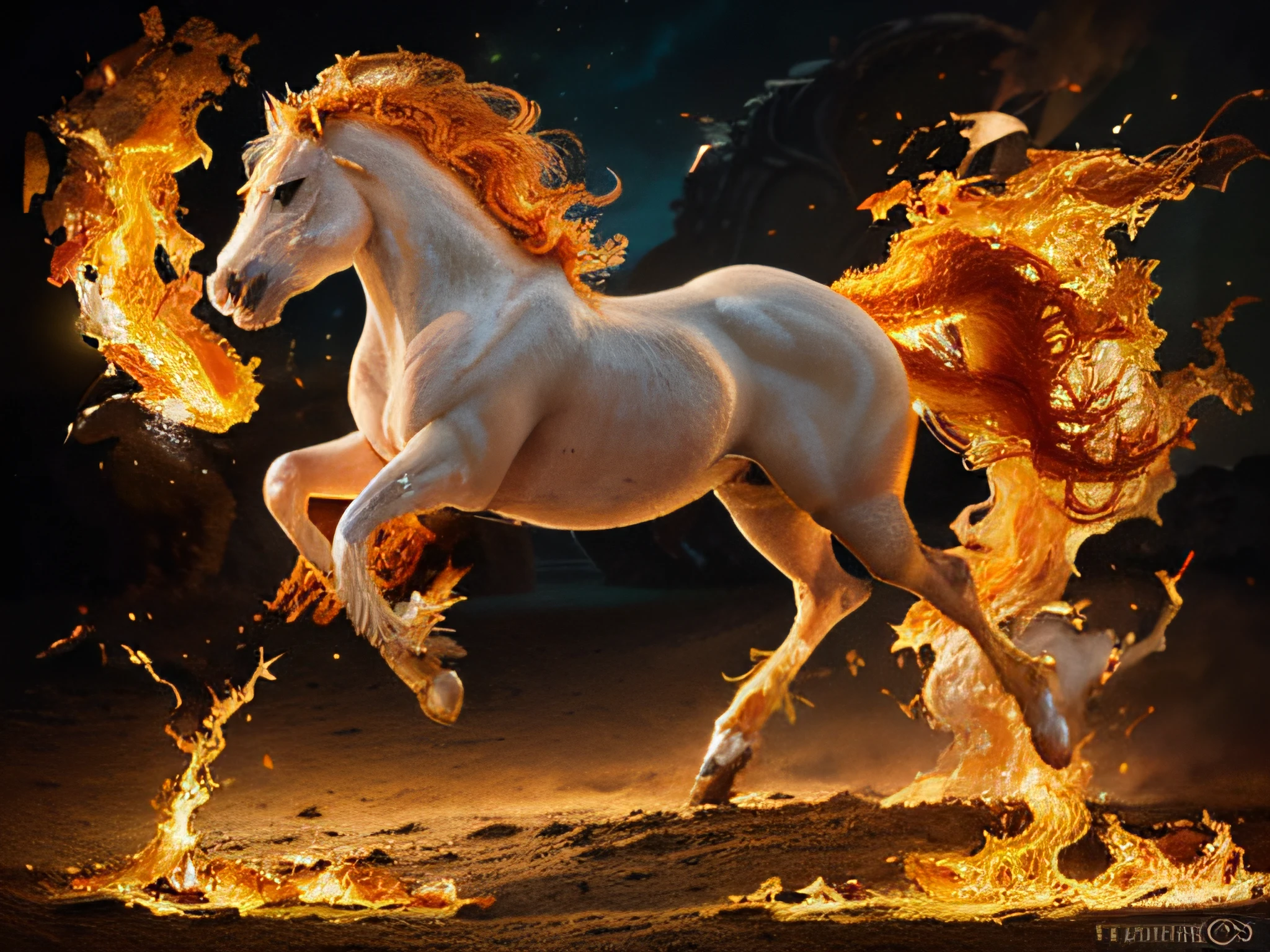 (real flaming white horse),illustration,high-resolution,ultra-detailed,realistic painting,vivid colors,elegant pose,stunning mane and tail,galloping in a surreal landscape, (fiery flaming mane, flaming tail, flaming legs:1.5),magical atmosphere,majestic presence,ethereal glow,mythical creature,graceful movements,strong and powerful physique,muscular body,expressive eyes,beautiful details