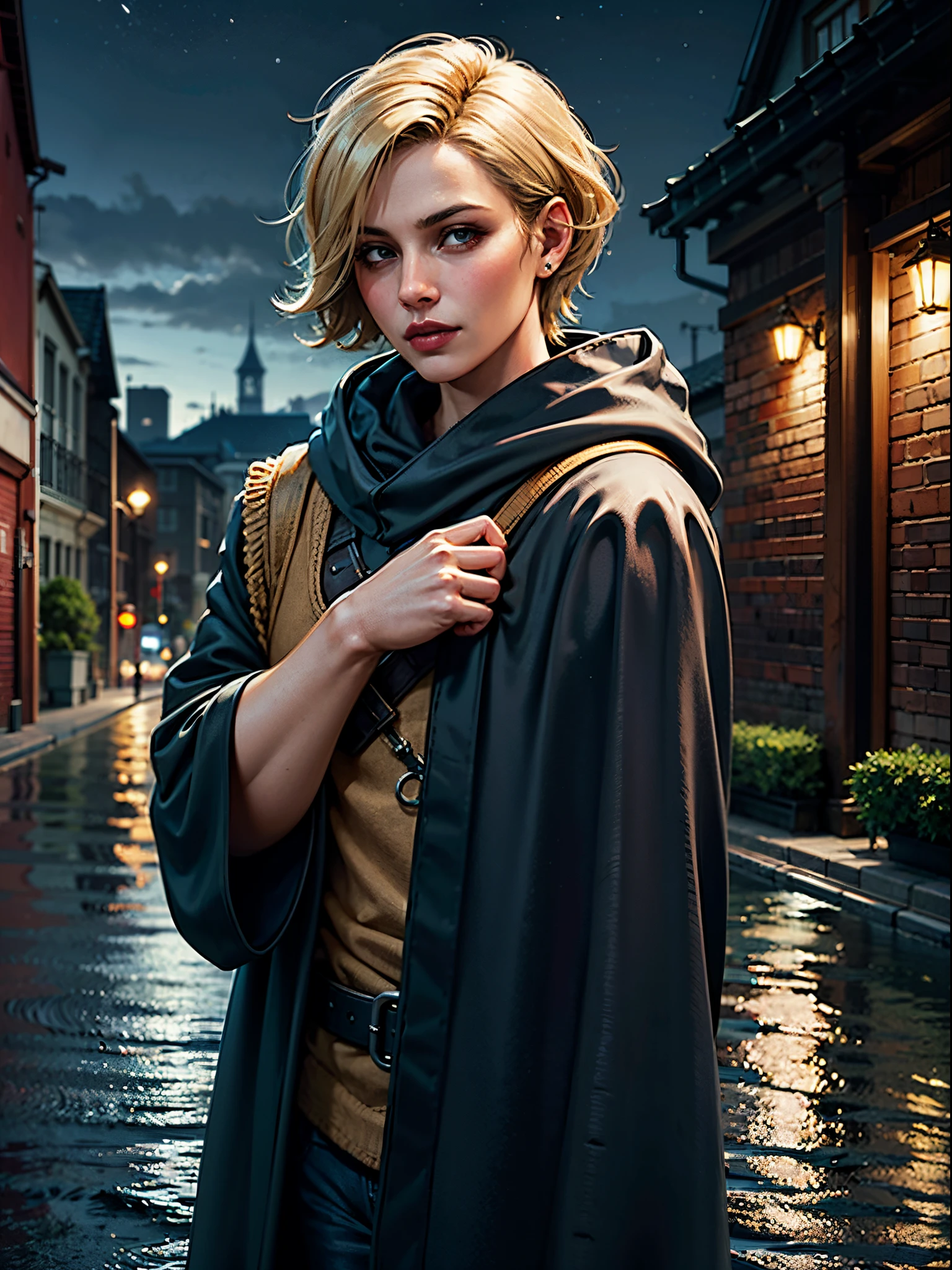 Short blonde hair
Black cloak
Hyperrealistic
At night
