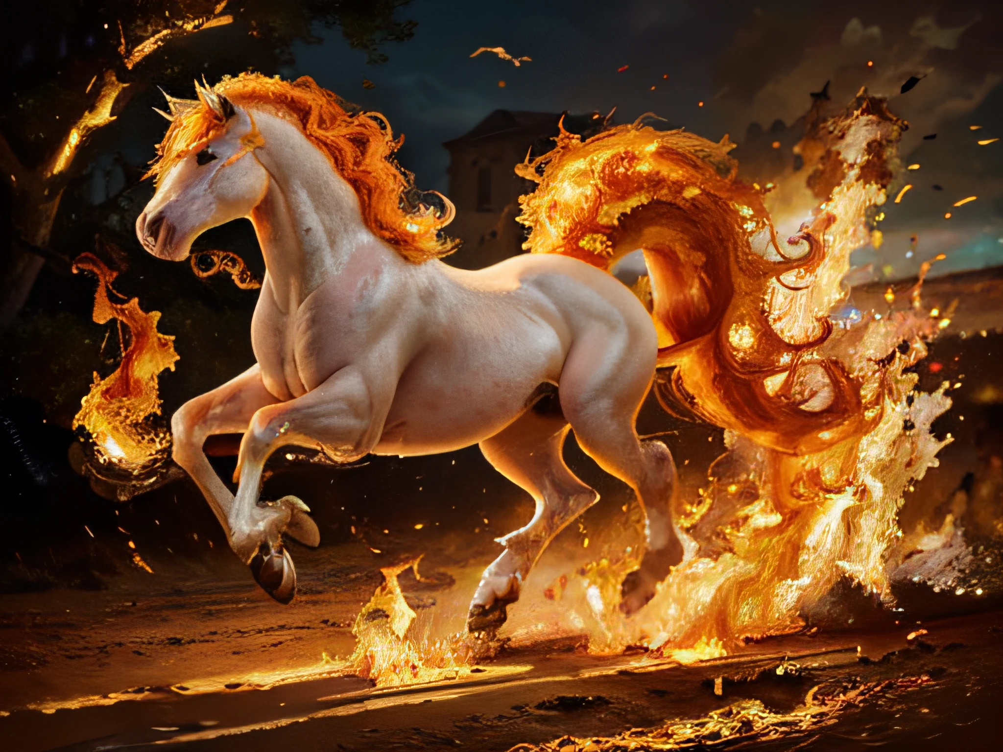 (real flaming white horse),illustration,high-resolution,ultra-detailed,realistic painting,vivid colors,elegant pose,stunning mane and tail,galloping in a surreal landscape, (fiery flaming mane, flaming tail, flaming legs:1.5),magical atmosphere,majestic presence,ethereal glow,mythical creature,graceful movements,strong and powerful physique,muscular body,expressive eyes,beautiful details