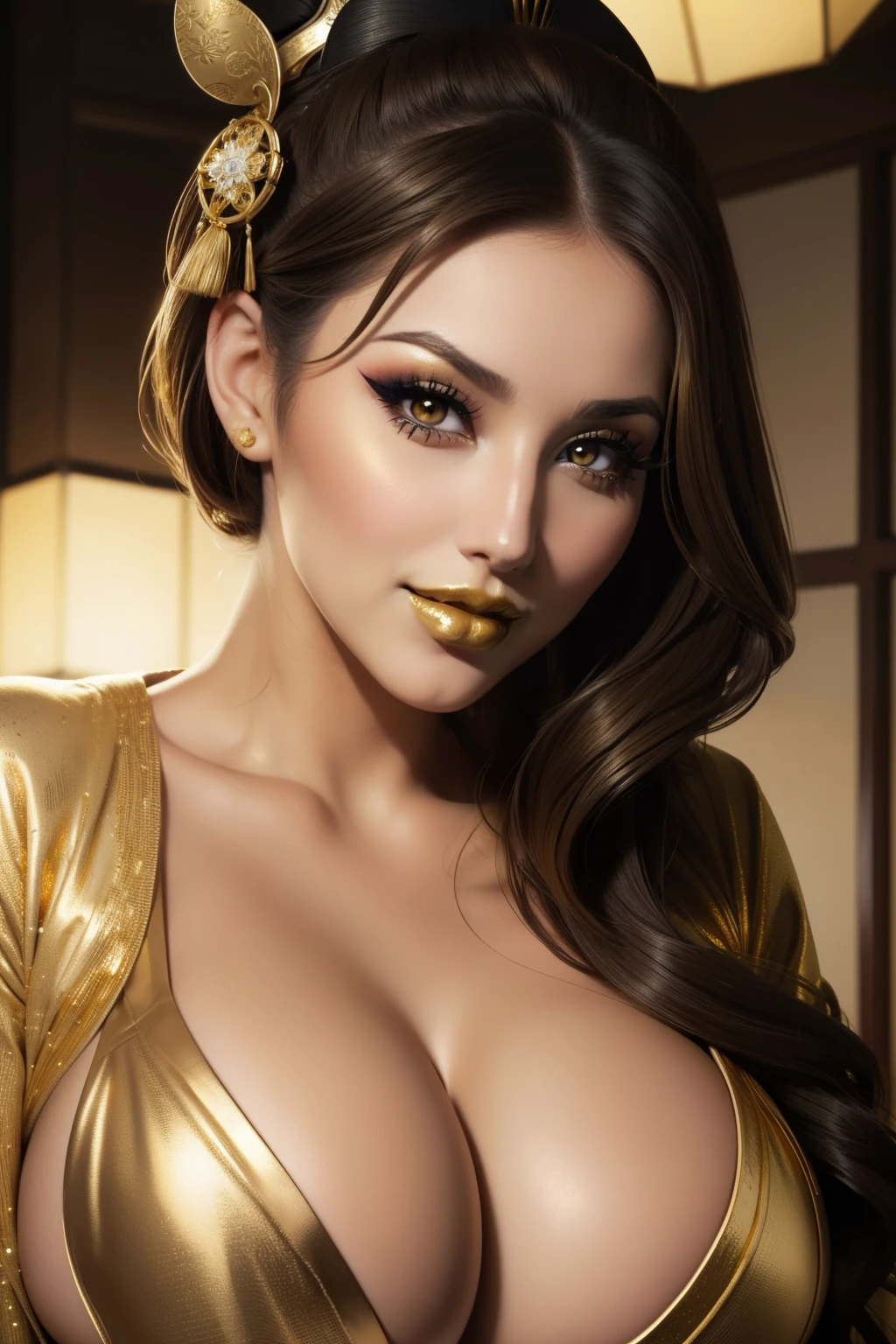 lucy pinder, smiling, ((very intense makeup)), voluptuous woman, Geisha, ((only gold lipstick))