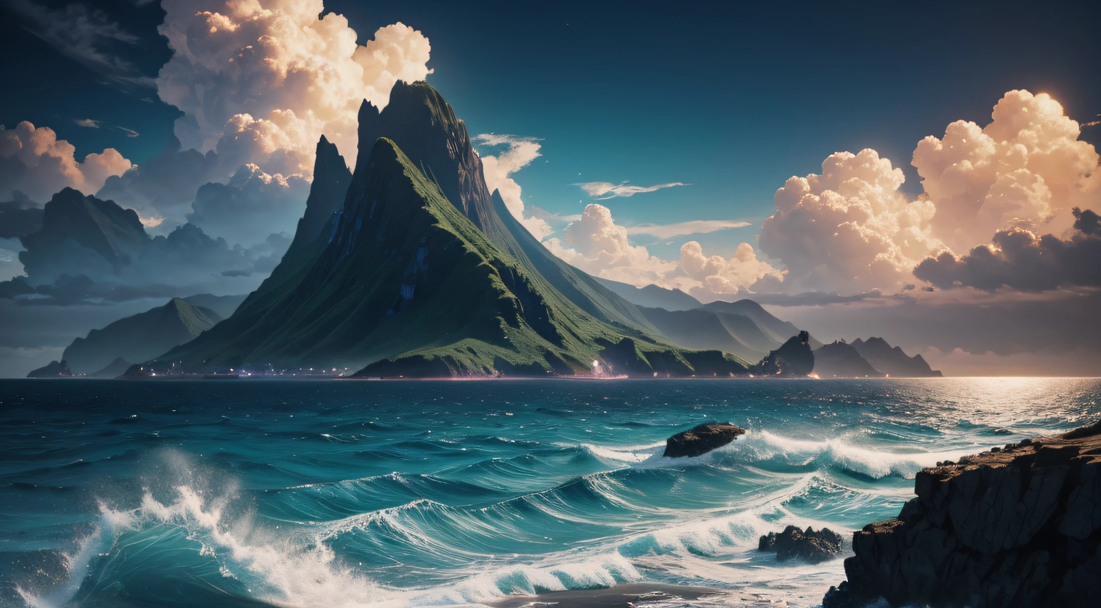 glimmering, glowing, ocean, clouds, islands, sharp picture, hyper realistic, trending on Artstation, intricate, best quality, high quality, dragon, long