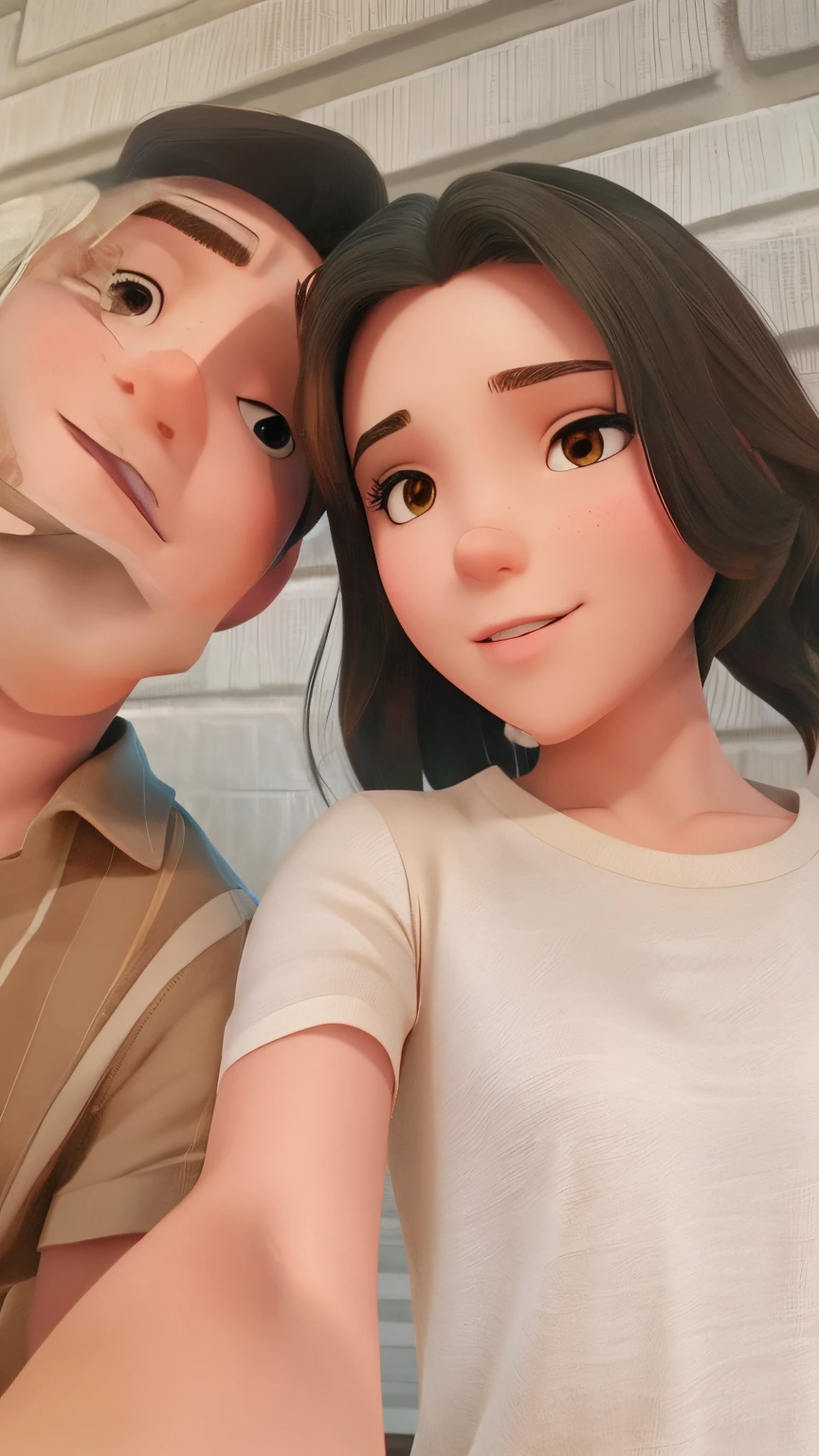 Boyfriend with short hair brown ti shirt girlfriend taken silfie with long hair beige blouse
