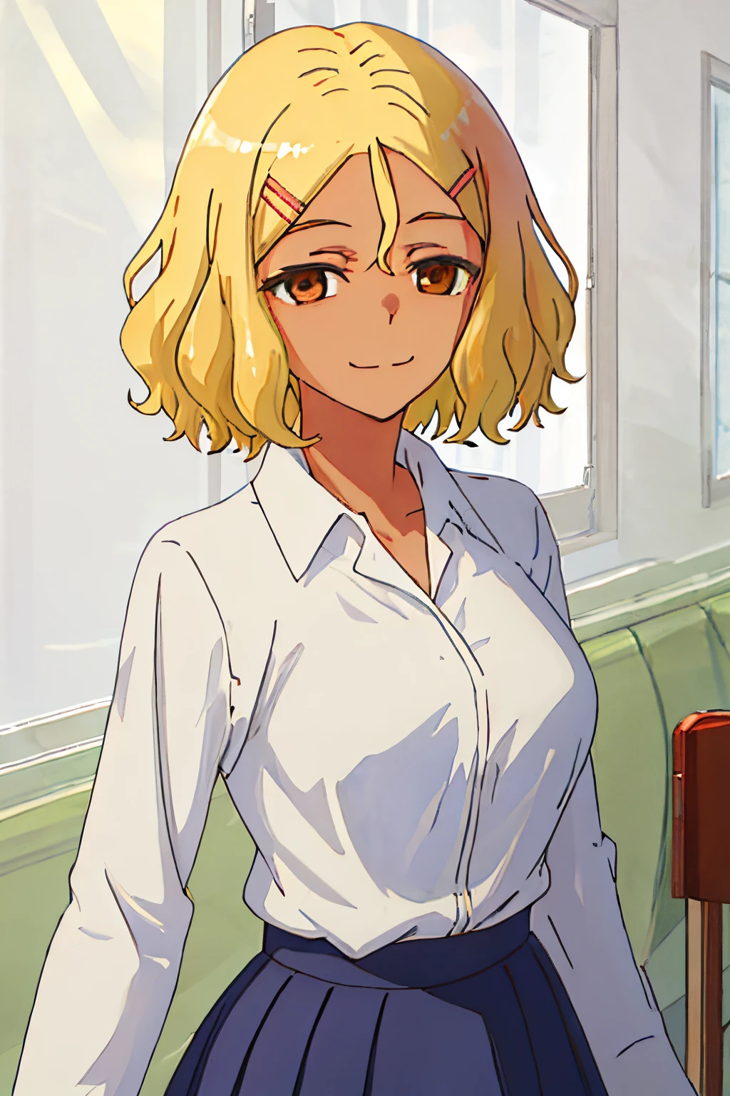 Best Quality, masutepiece, hight resolution, Solo, {Sakura_Oro Creator: DonttoyWithMemissnag:1.15}, Blonde_hair, hair_ornament detached, hair clips, Short_hair, brown_Eyes, Smile, Dark_skin, Closed_Mouth, 1girl in, up looking_で_viewer, Shirt, The upper part of the body_Body, white_Shirt, :3, 鎖骨