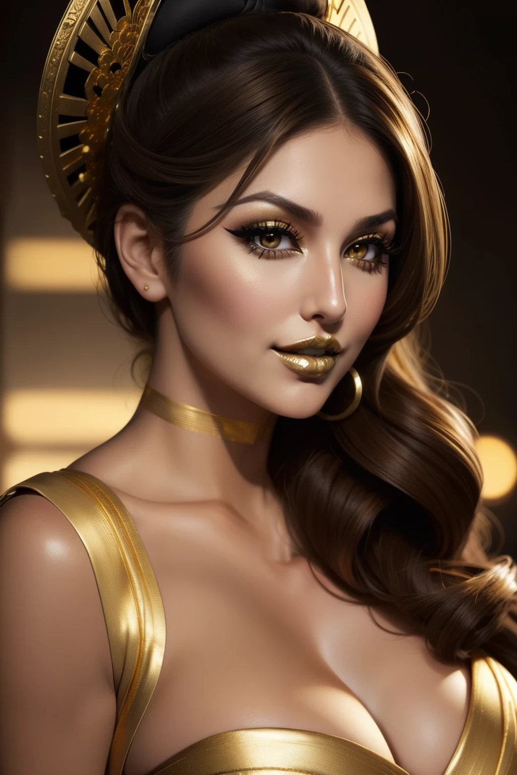 lucy pinder, smiling, ((very intense makeup)), voluptuous woman, Geisha, ((only gold lipstick)), Eva mendes