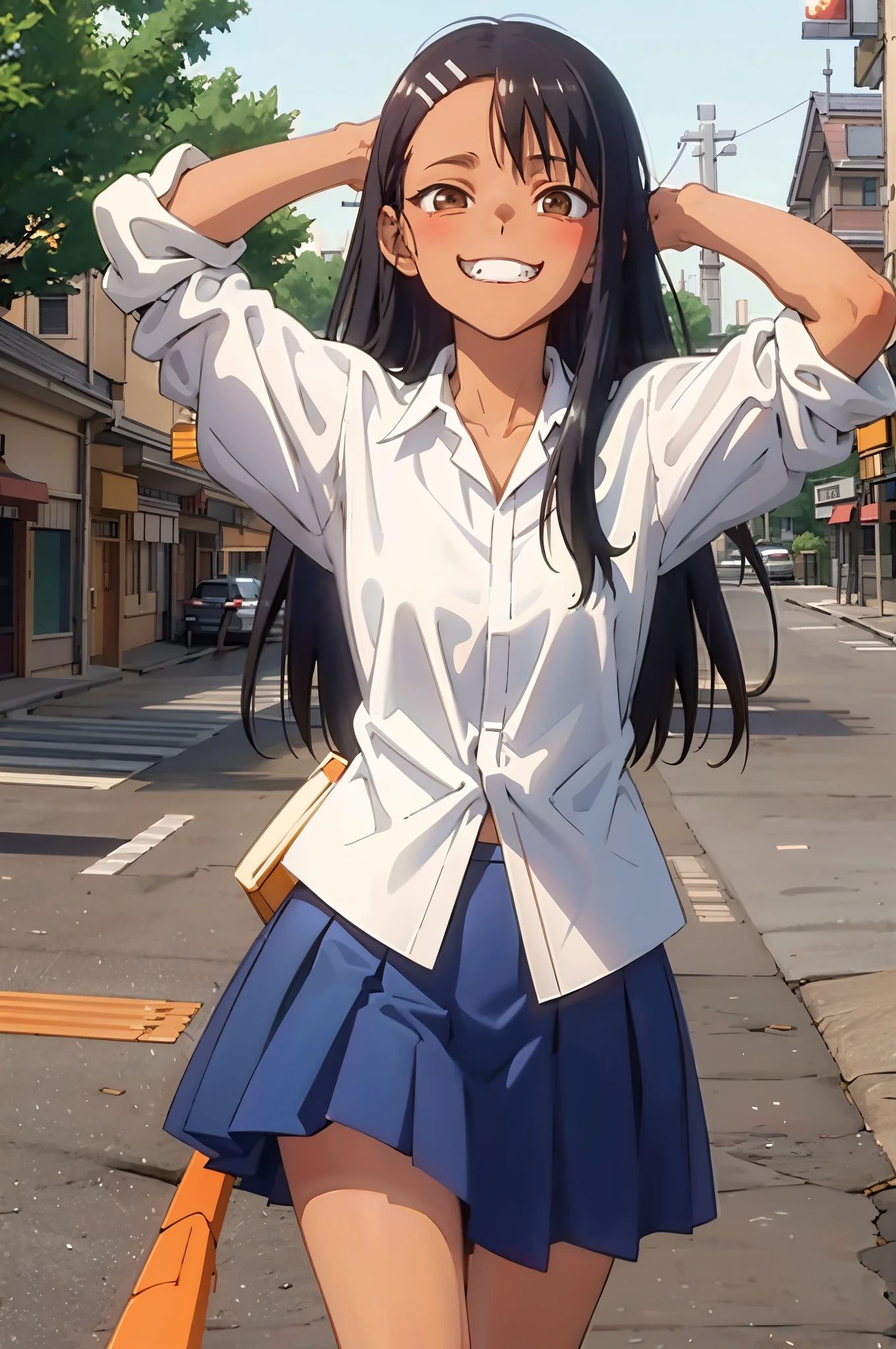 HDR, CG, sharp focus, (8k), (4k), masterpiece, best quality, sharp focus, extremely detailed, intricate, hyper detailed, nagatoro hayase, brown eyes, black hair, bangs, long hair, dark skin, hairclip, white shirt, blue skirt, no socks, uwabaki, standing, arms behind head, cowboy shot, looking at viewer, outdoors, evil grin