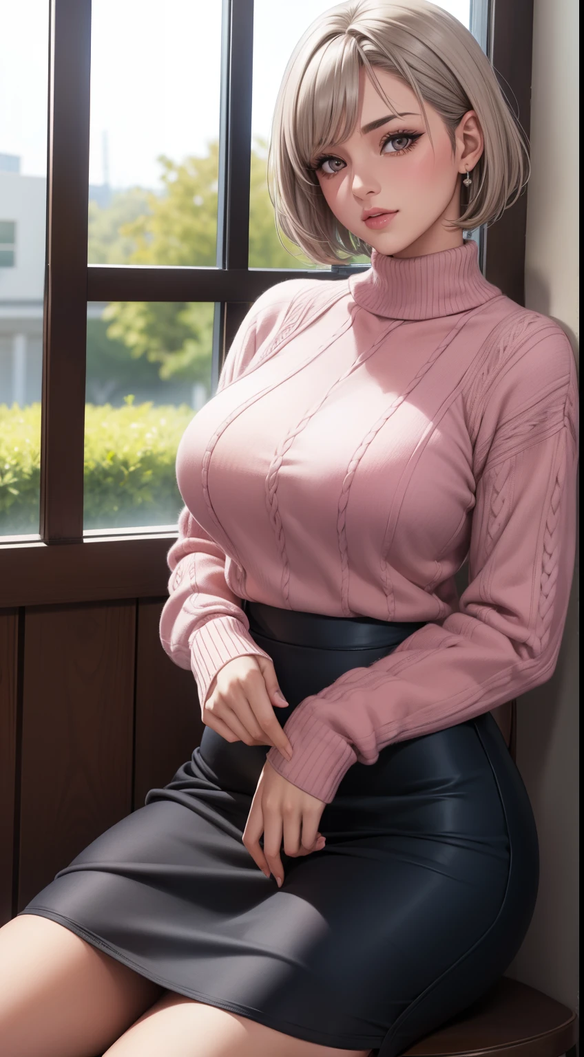 High definition,8k, detailed,Woman, brown eyes, short hair, silver hair, pink sweater, dark blue skirt,