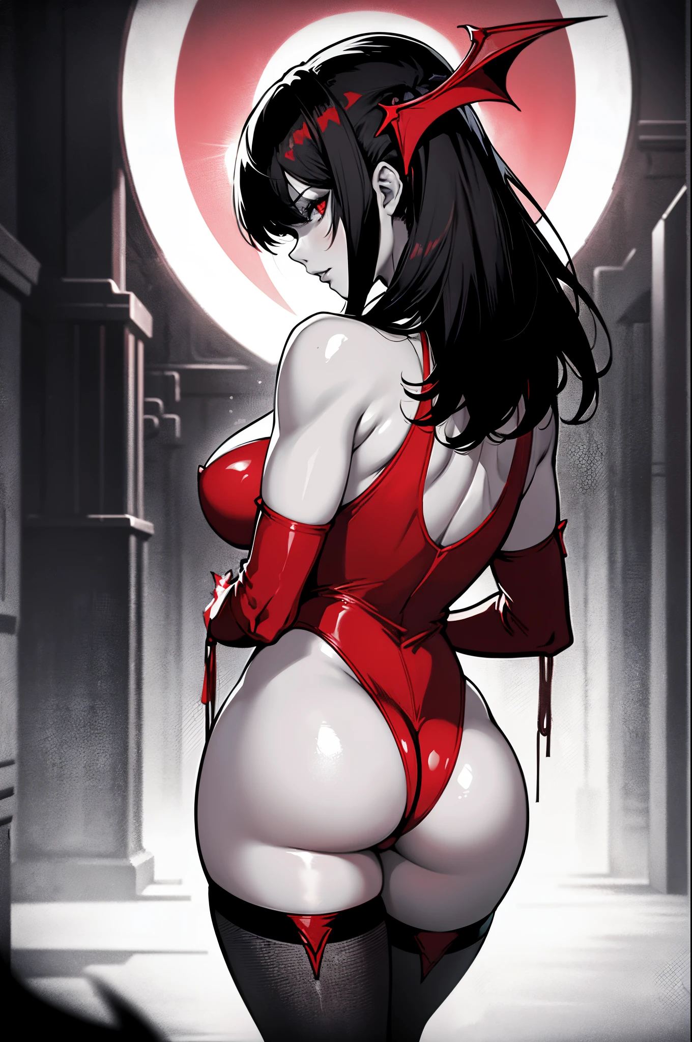 Color Splash art work, Vampirella from behind, bent over looking at the viewer over her shoulder, monochrome color scheme, extremely sheer, pretty much see through red negligee on Vampirella, 8k