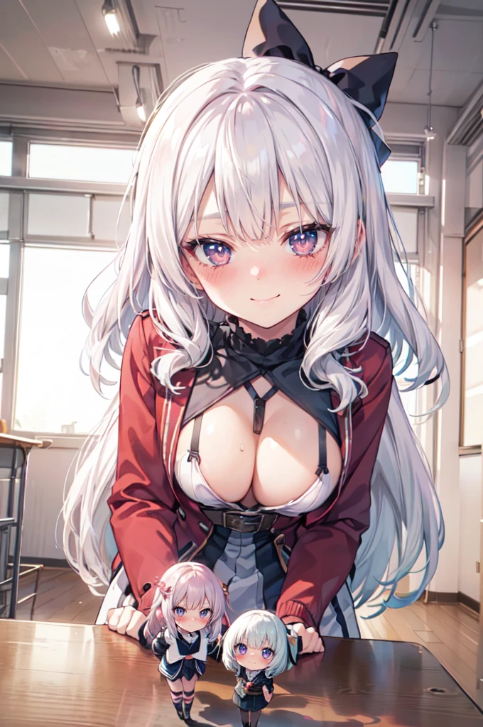 (minigirl:1.1) on a (table:1.1) in front of the  of a giantess, minigirl on a platform in front of the face of a giantess, (2girls:1.6), serafuku, classroom, upper body, breastssts closeu, smug, bent over, (rear_end closeup:1.2), (minigirl on a table), (minigirl:2), standing, embarrassed, scared,  (shiny_skin:1.2)